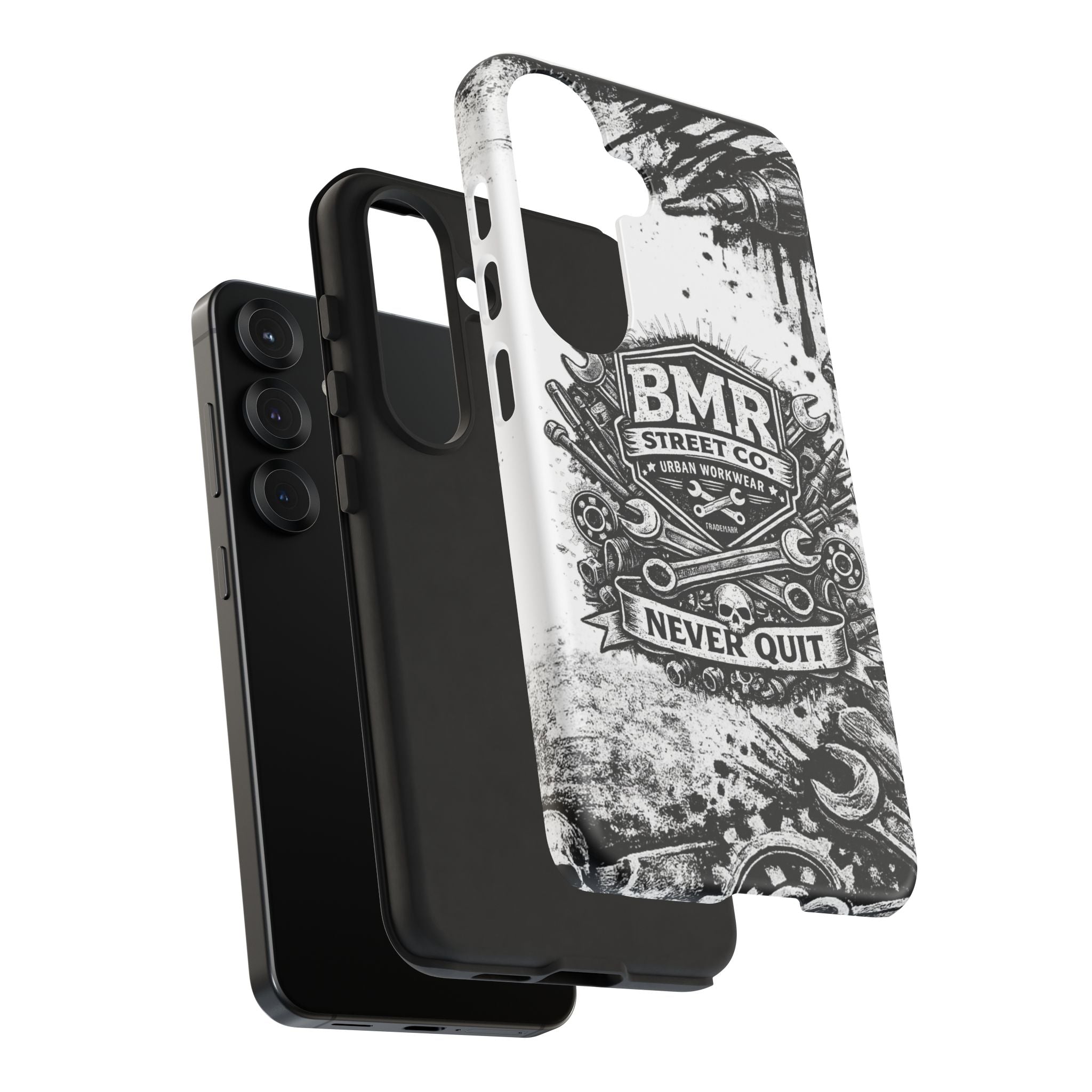 BMR Street Co. 'Never Quit' Tough Phone Case — Industrial Motorcycle Grunge Design