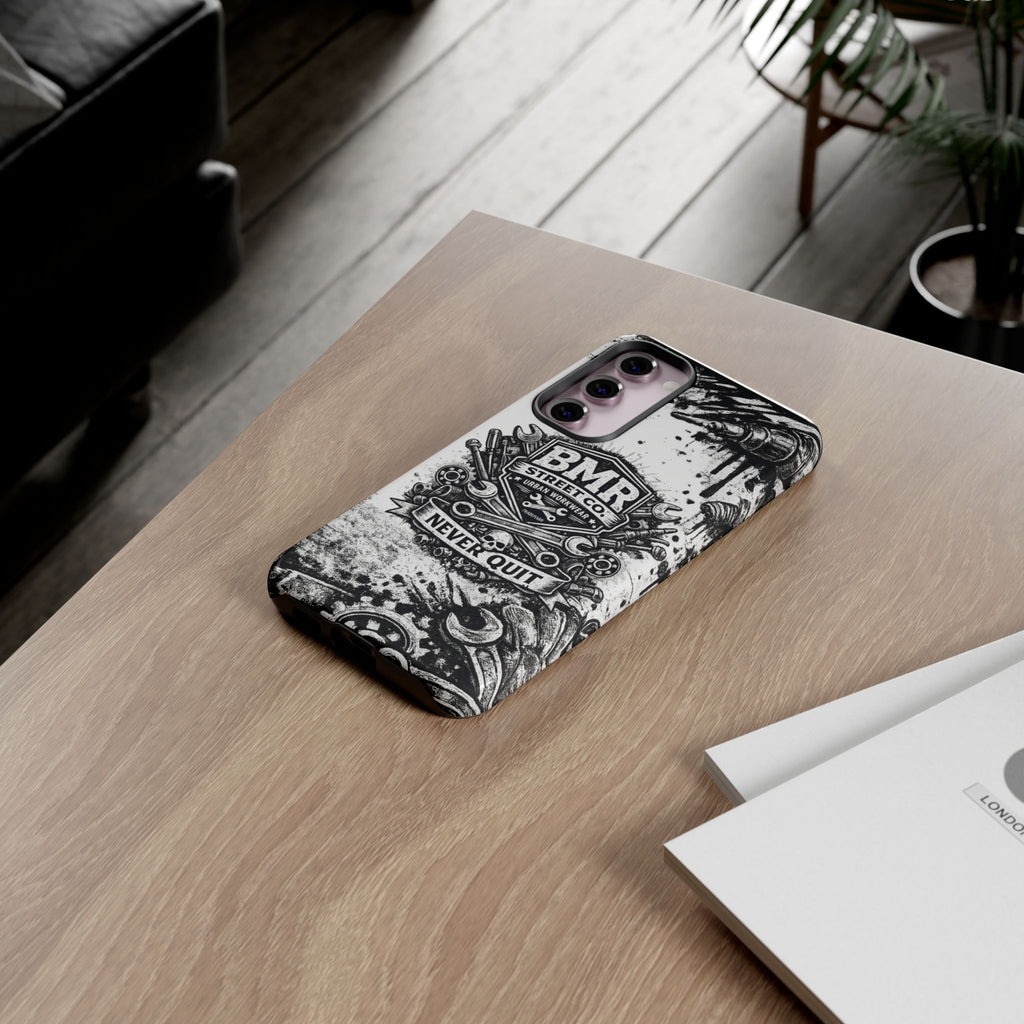 BMR Street Co. 'Never Quit' Tough Phone Case — Industrial Motorcycle Grunge Design