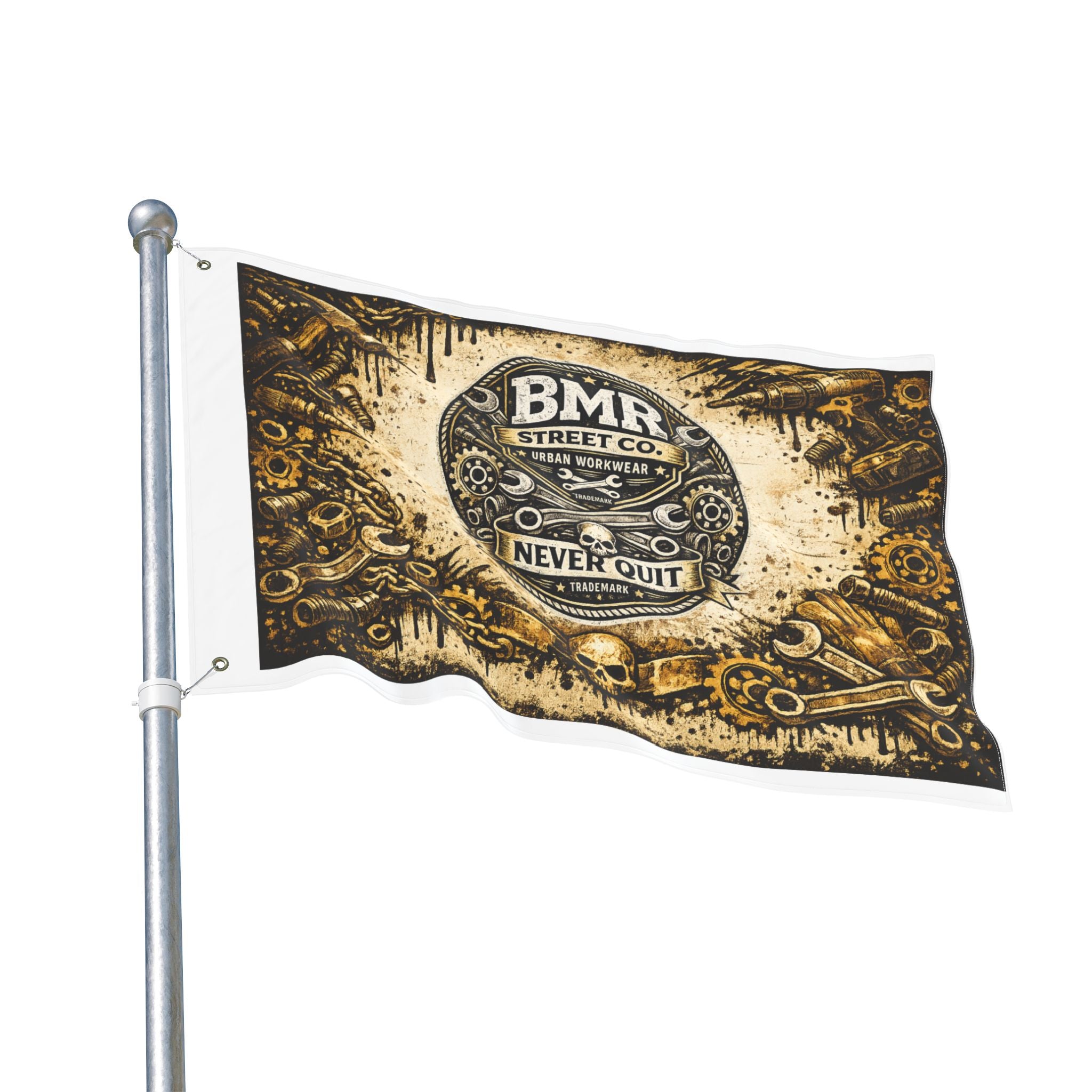 BMR Street Co. Vintage Motorcycle Skull Flag — Double-Sided Garage Banner