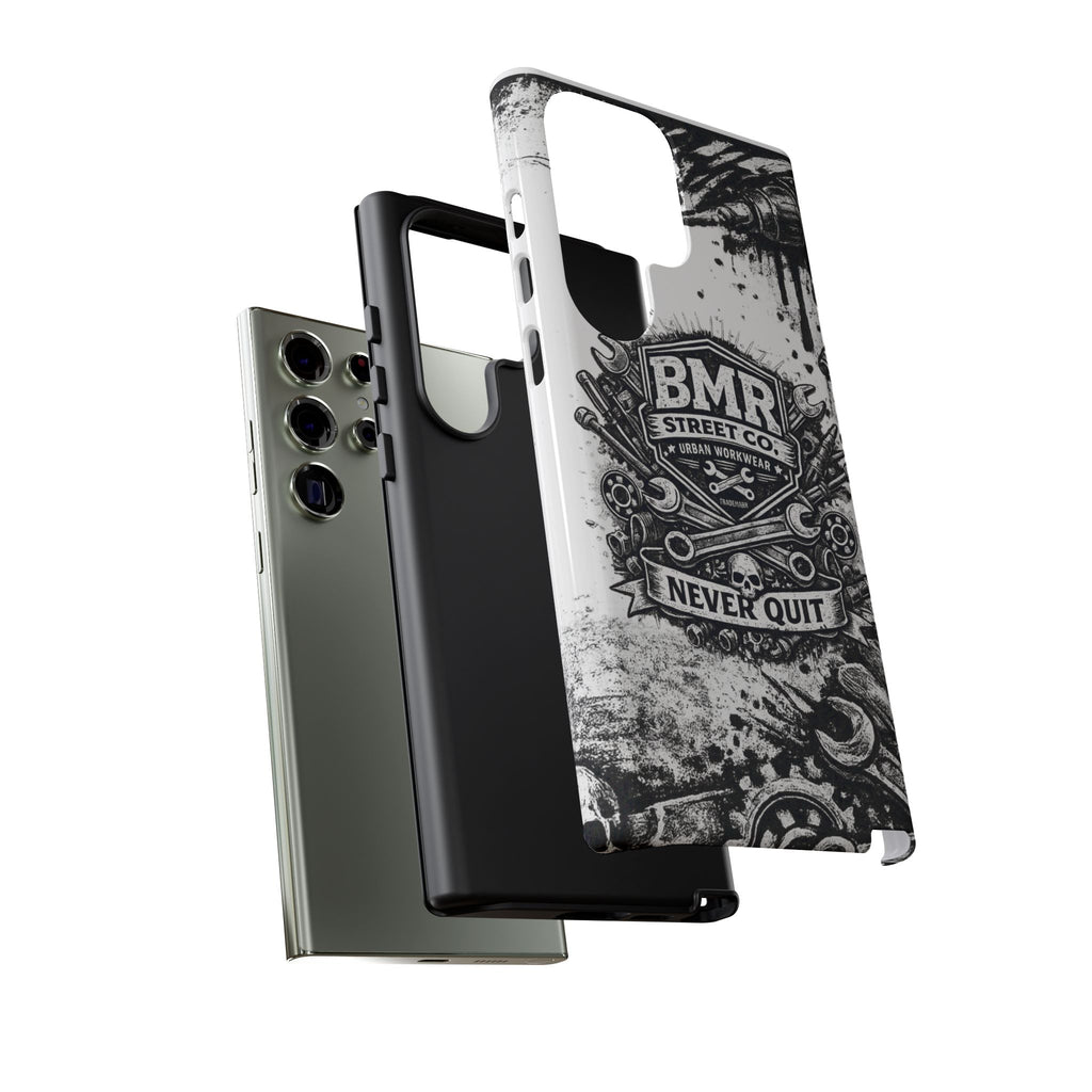 BMR Street Co. 'Never Quit' Tough Phone Case — Industrial Motorcycle Grunge Design
