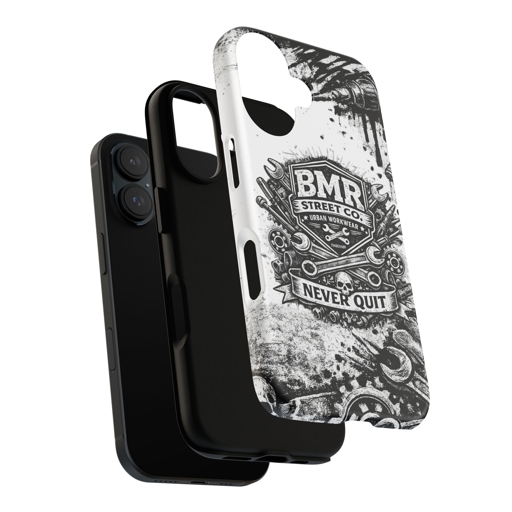 BMR Street Co. 'Never Quit' Tough Phone Case — Industrial Motorcycle Grunge Design