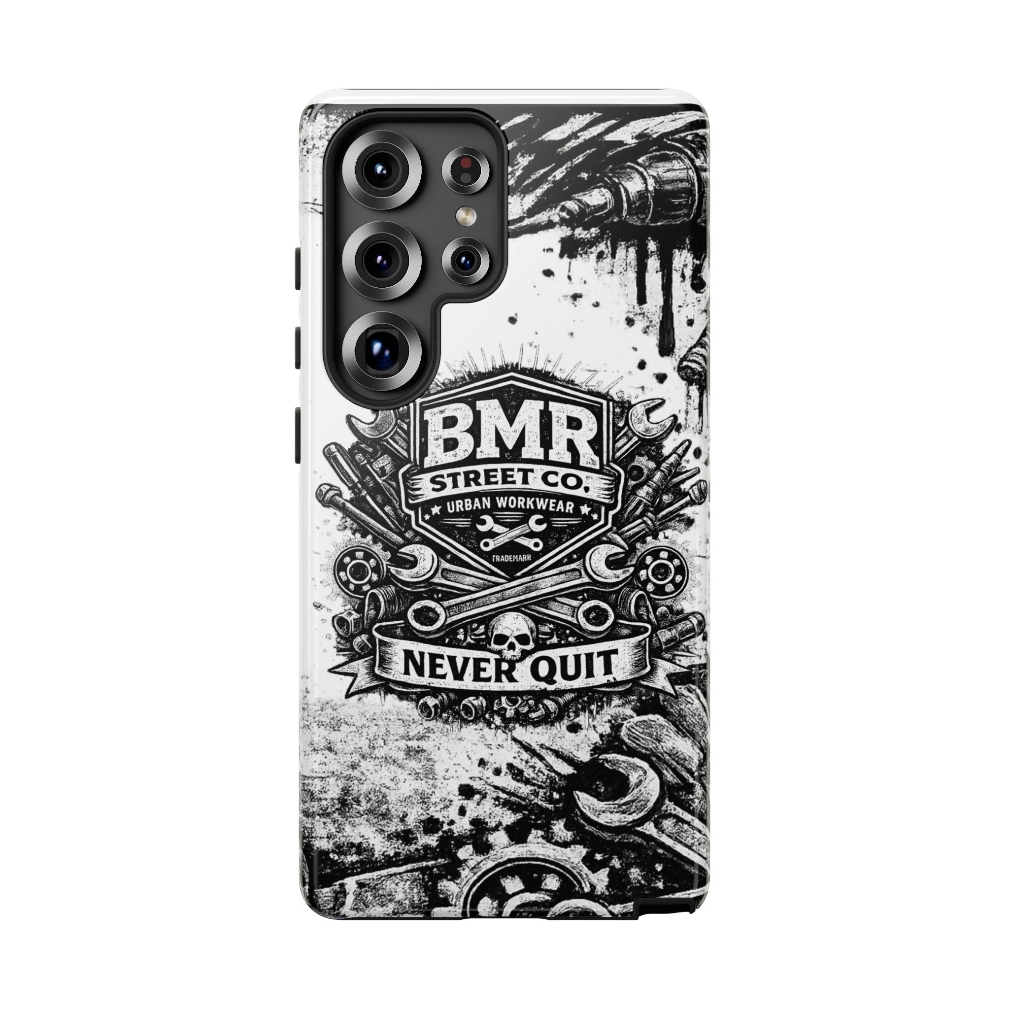 BMR Street Co. 'Never Quit' Tough Phone Case — Industrial Motorcycle Grunge Design