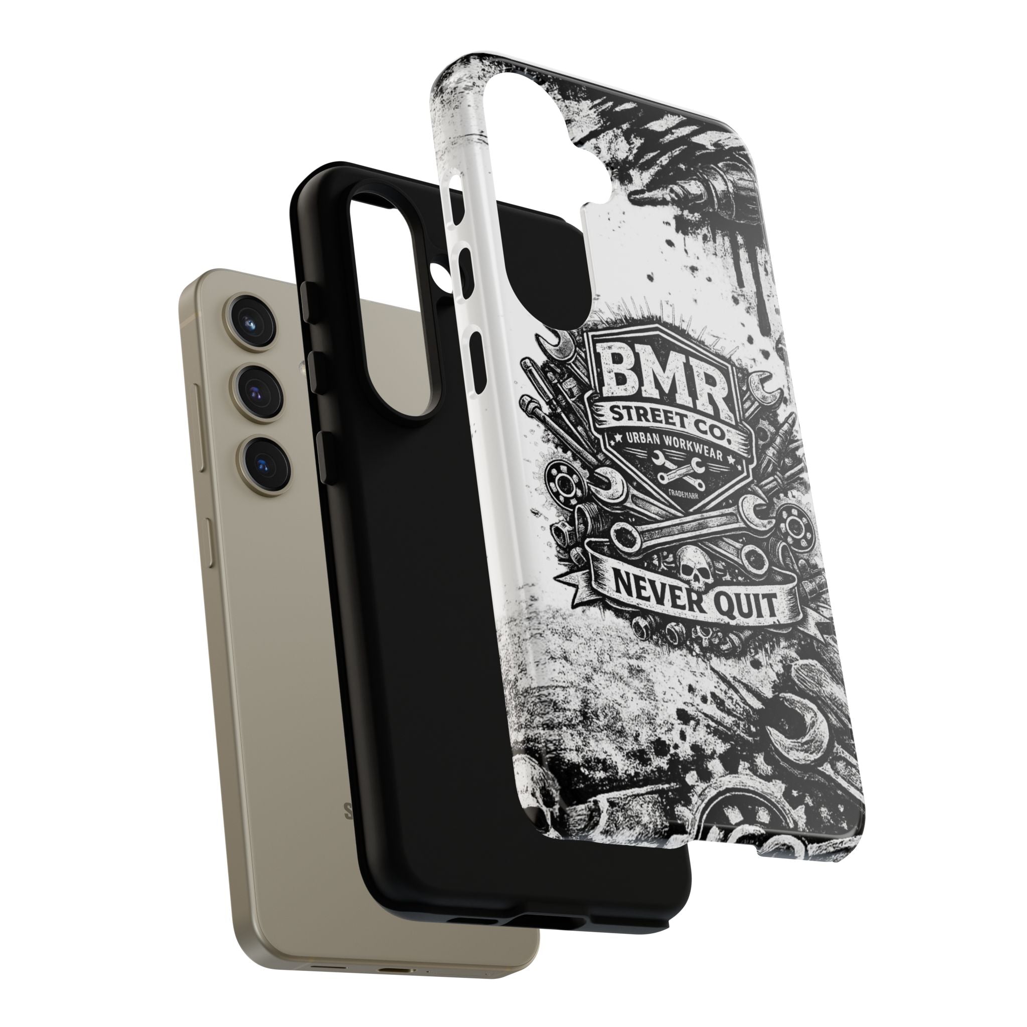 BMR Street Co. 'Never Quit' Tough Phone Case — Industrial Motorcycle Grunge Design