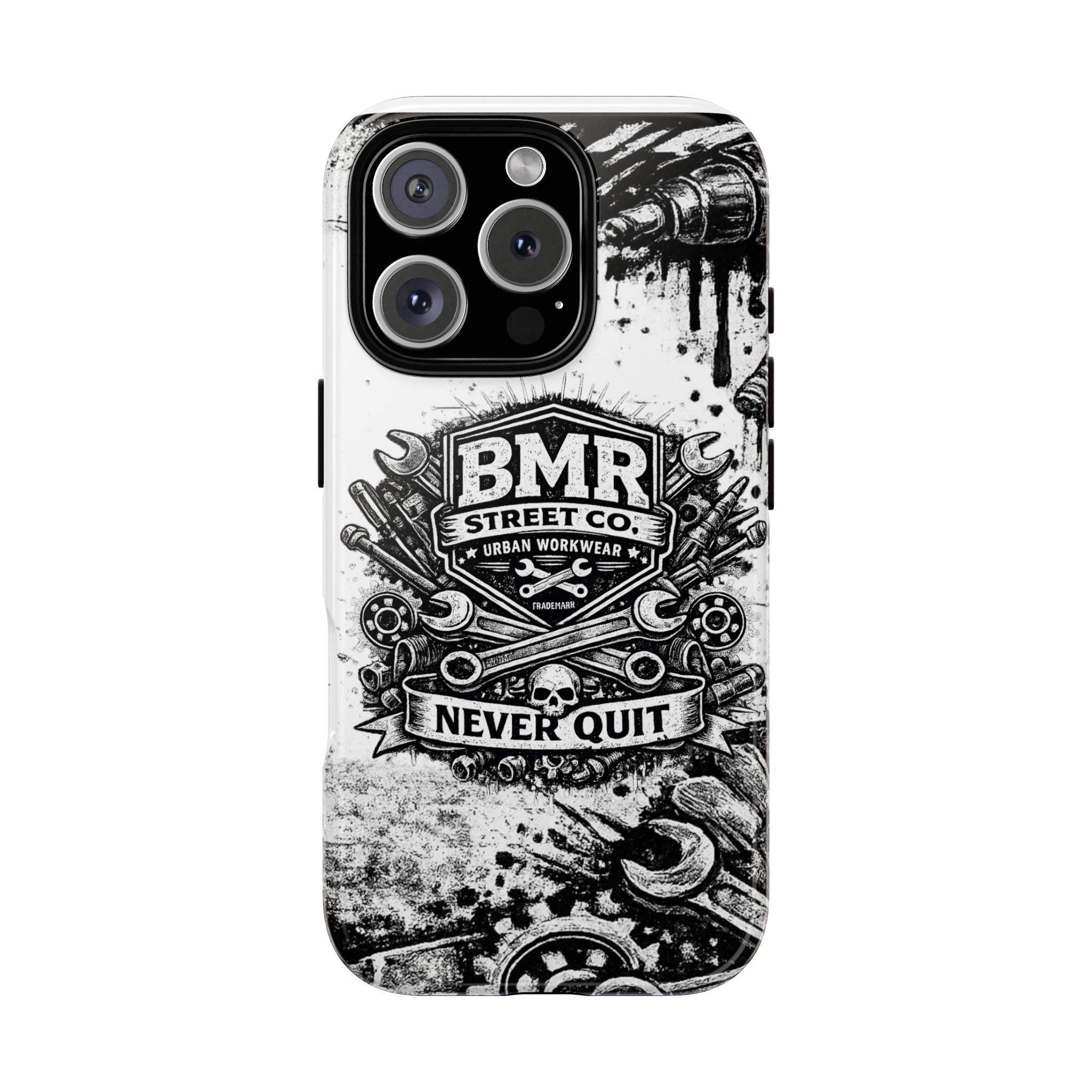 BMR Street Co. 'Never Quit' Tough Phone Case — Industrial Motorcycle Grunge Design
