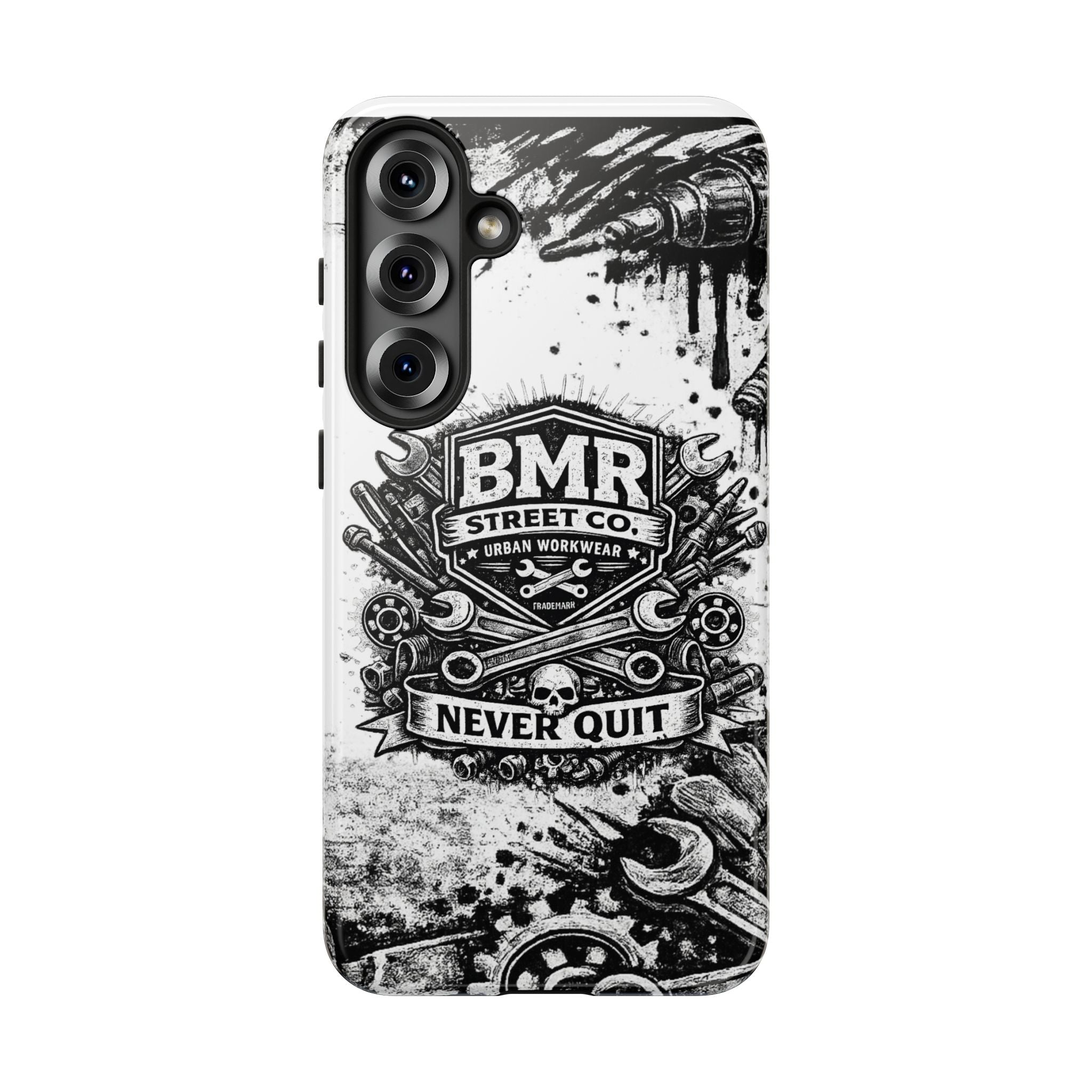 BMR Street Co. 'Never Quit' Tough Phone Case — Industrial Motorcycle Grunge Design