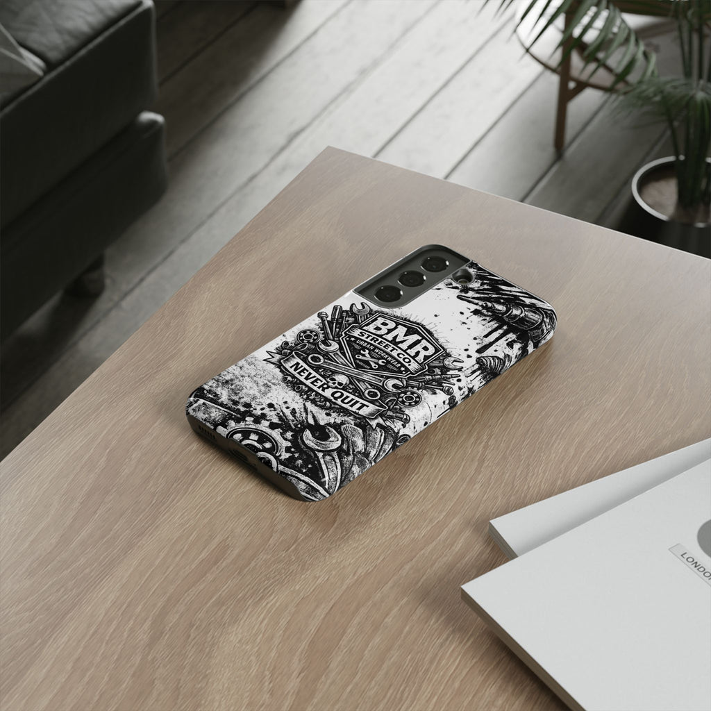 BMR Street Co. 'Never Quit' Tough Phone Case — Industrial Motorcycle Grunge Design