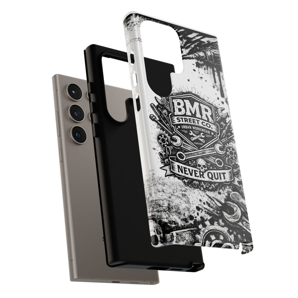 BMR Street Co. 'Never Quit' Tough Phone Case — Industrial Motorcycle Grunge Design
