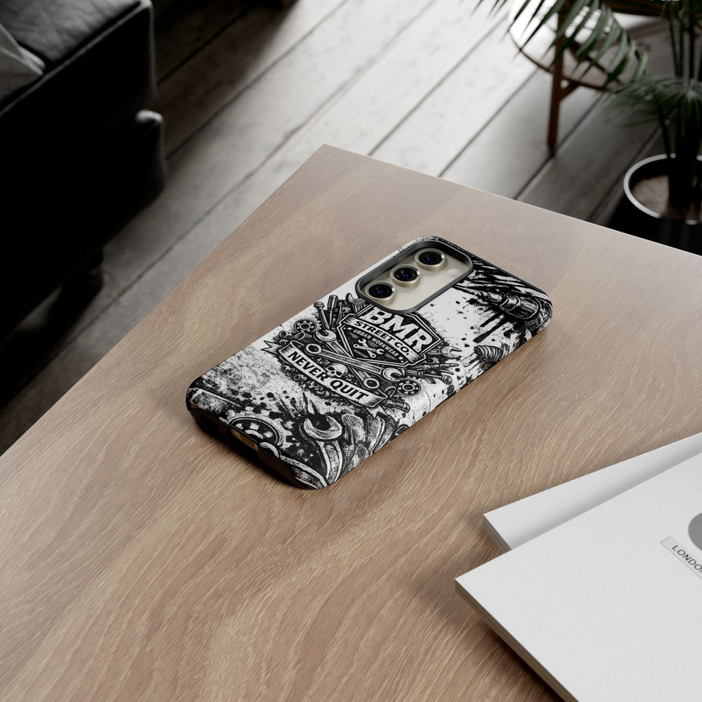 BMR Street Co. 'Never Quit' Tough Phone Case — Industrial Motorcycle Grunge Design