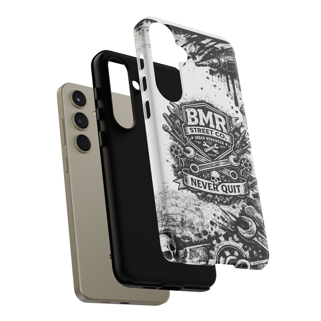 BMR Street Co. 'Never Quit' Tough Phone Case — Industrial Motorcycle Grunge Design