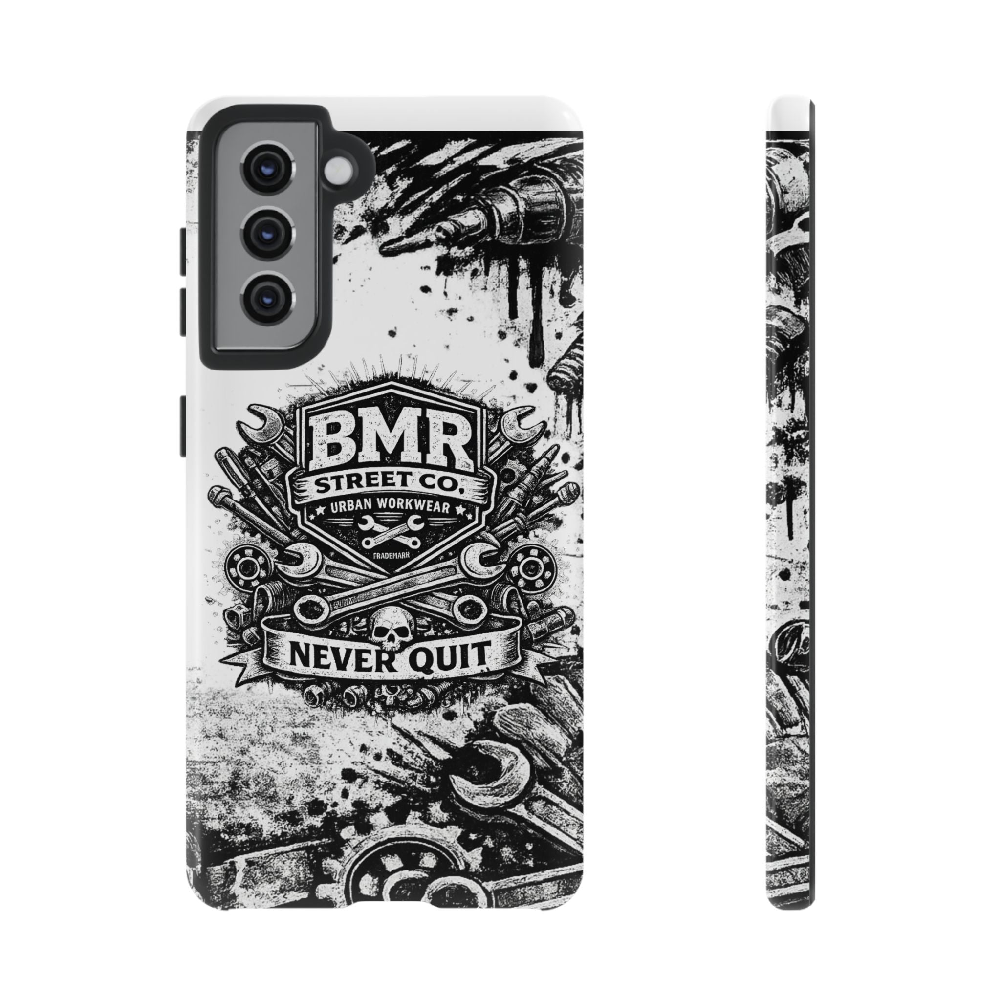 BMR Street Co. 'Never Quit' Tough Phone Case — Industrial Motorcycle Grunge Design