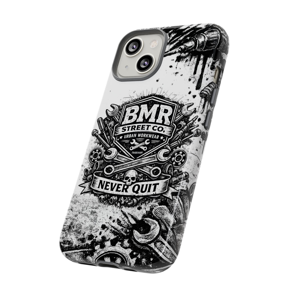 BMR Street Co. 'Never Quit' Tough Phone Case — Industrial Motorcycle Grunge Design