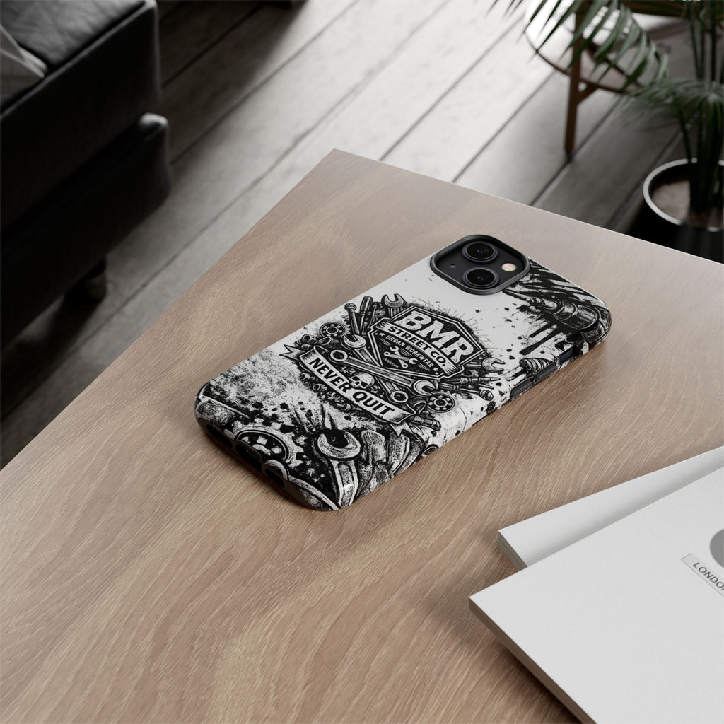 BMR Street Co. 'Never Quit' Tough Phone Case — Industrial Motorcycle Grunge Design