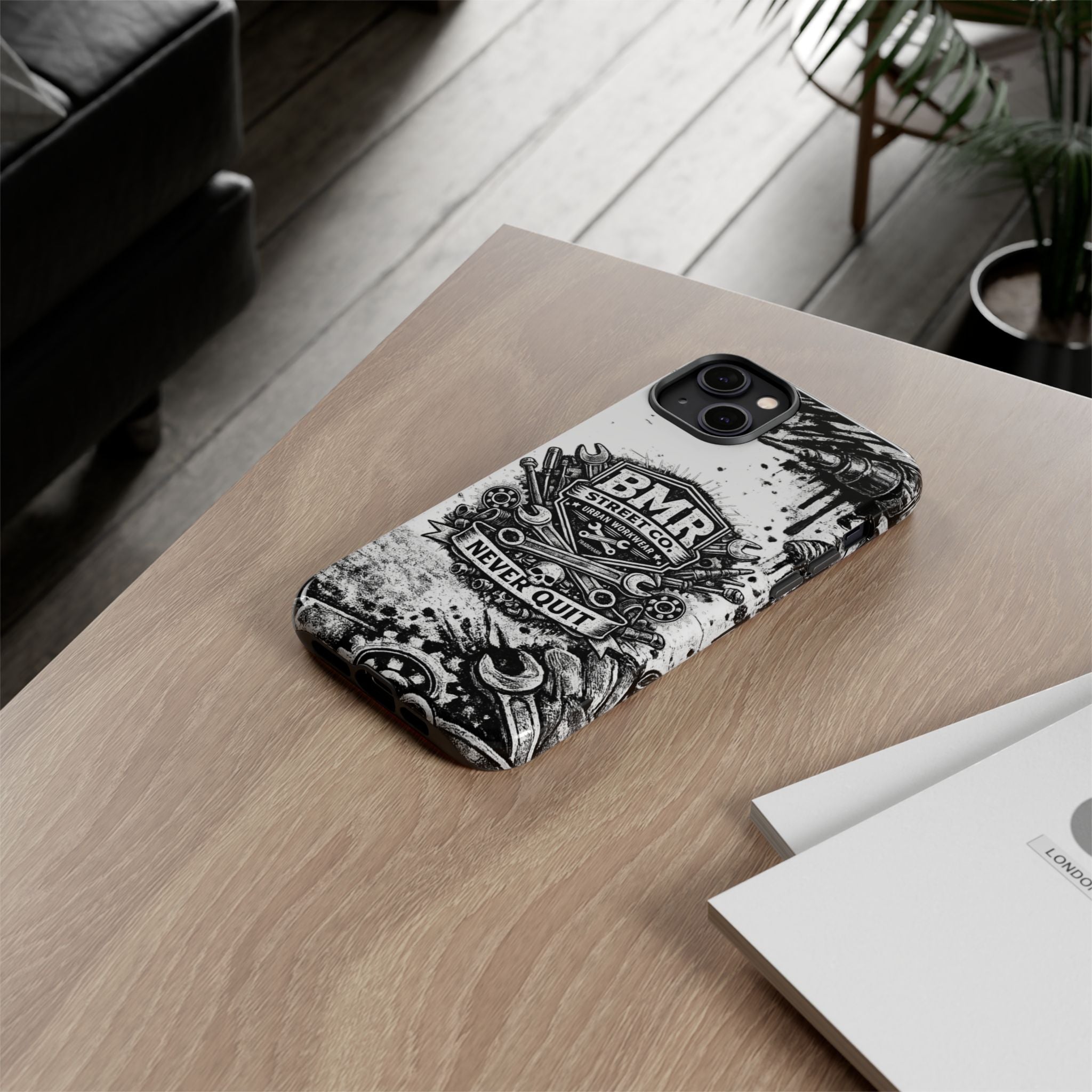BMR Street Co. 'Never Quit' Tough Phone Case — Industrial Motorcycle Grunge Design
