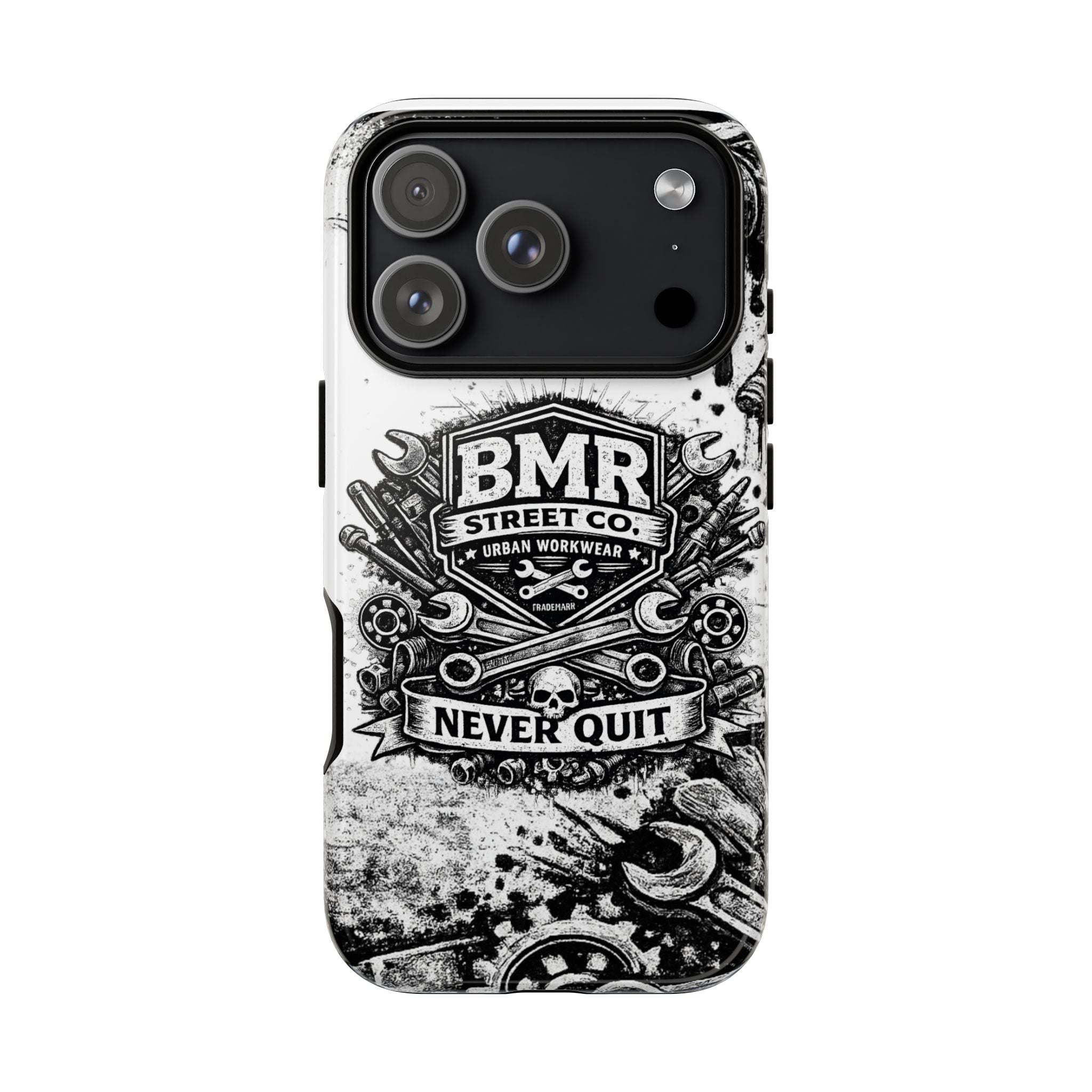 BMR Street Co. 'Never Quit' Tough Phone Case — Industrial Motorcycle Grunge Design
