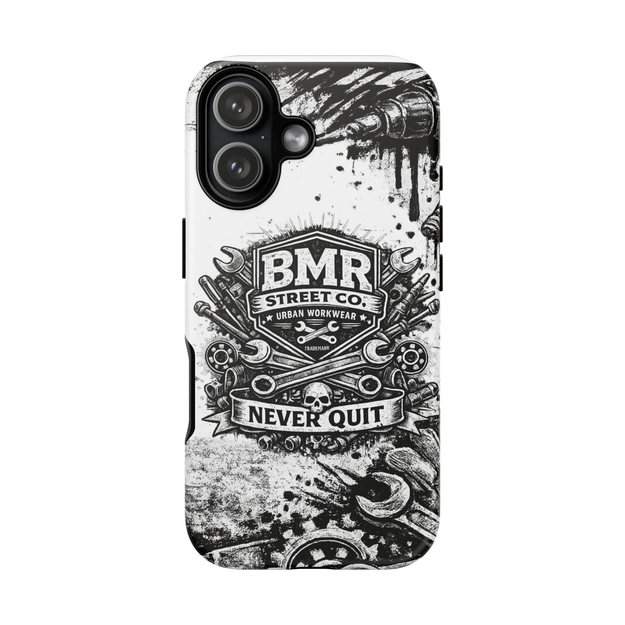 BMR Street Co. 'Never Quit' Tough Phone Case — Industrial Motorcycle Grunge Design