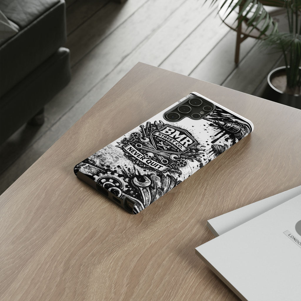 BMR Street Co. 'Never Quit' Tough Phone Case — Industrial Motorcycle Grunge Design