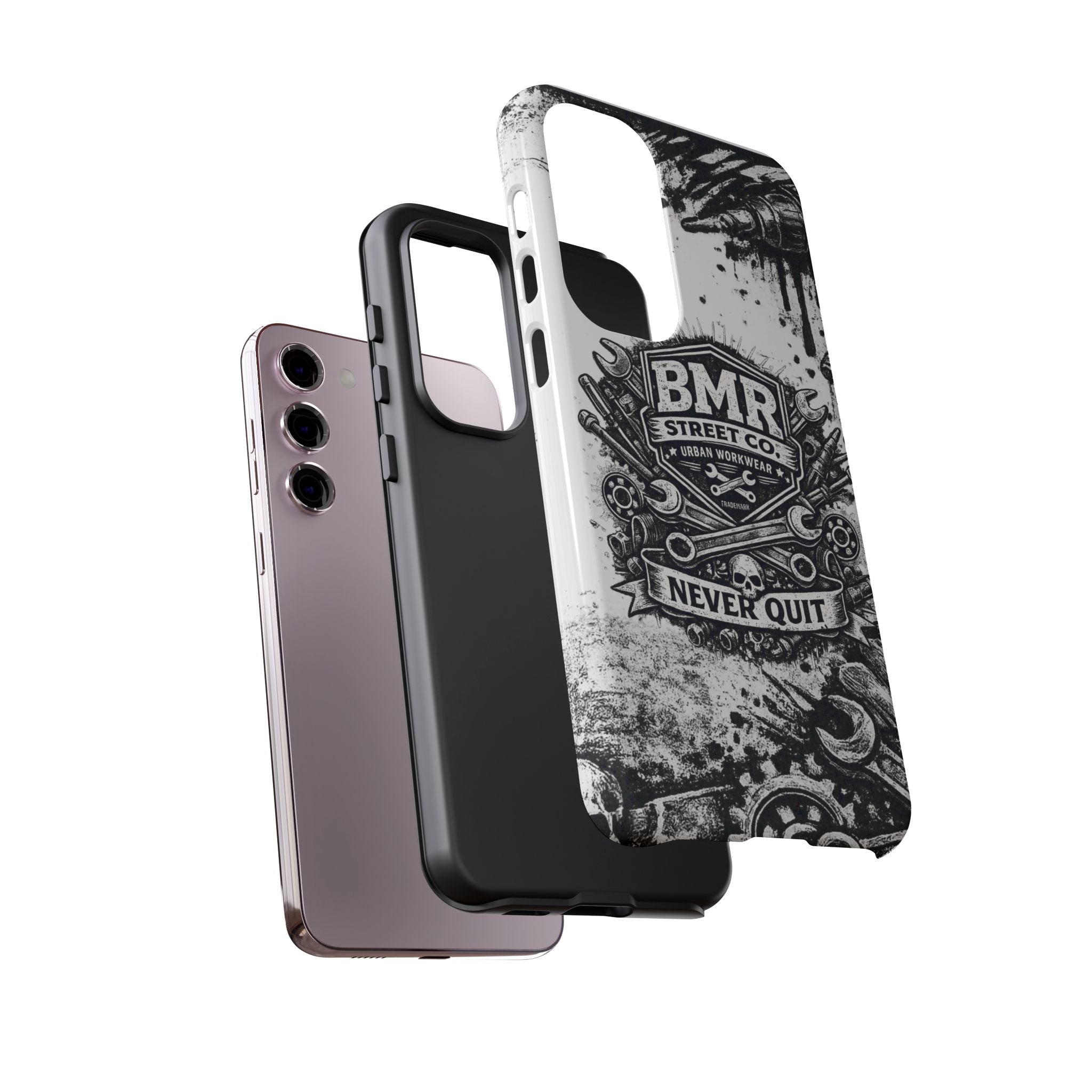 BMR Street Co. 'Never Quit' Tough Phone Case — Industrial Motorcycle Grunge Design