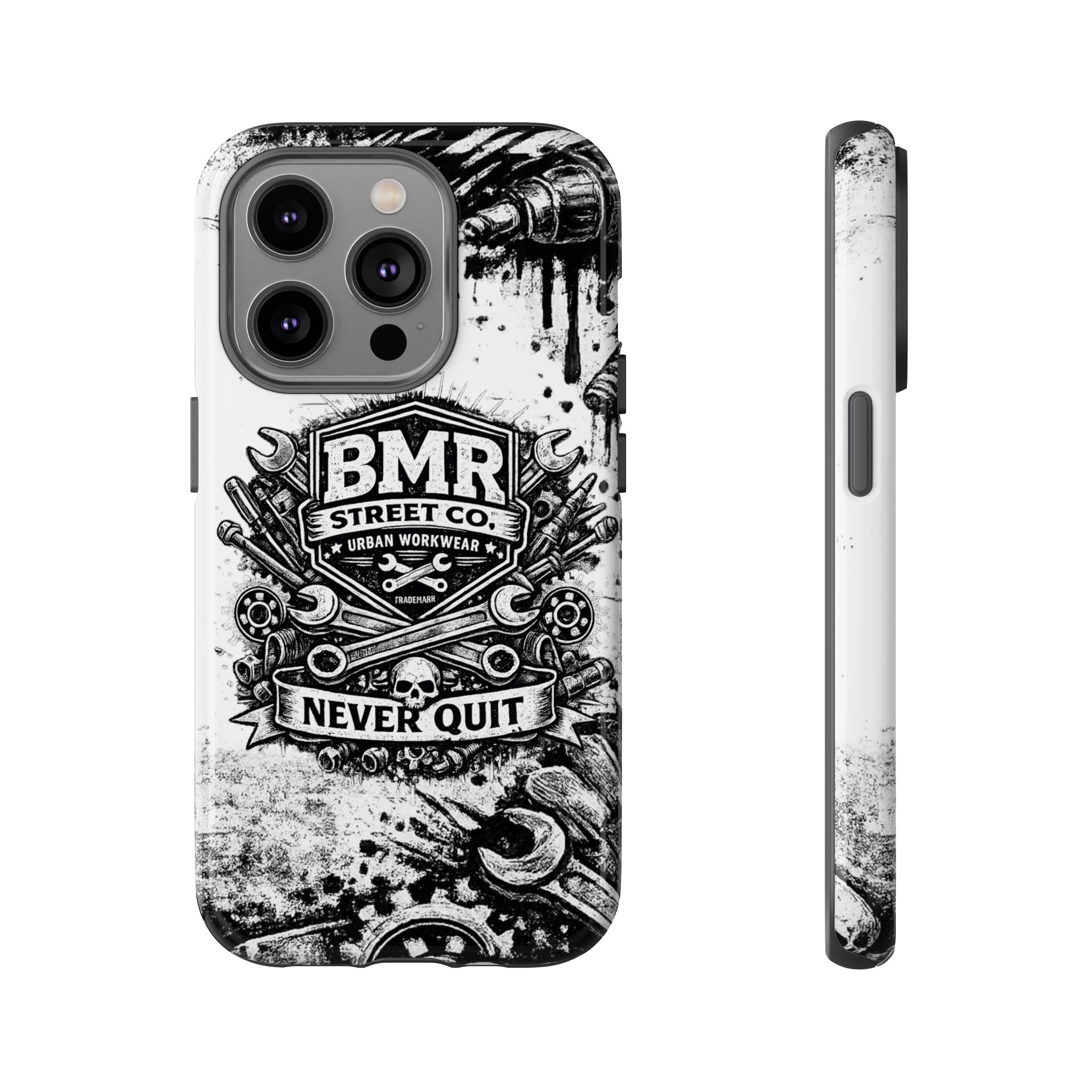 BMR Street Co. 'Never Quit' Tough Phone Case — Industrial Motorcycle Grunge Design