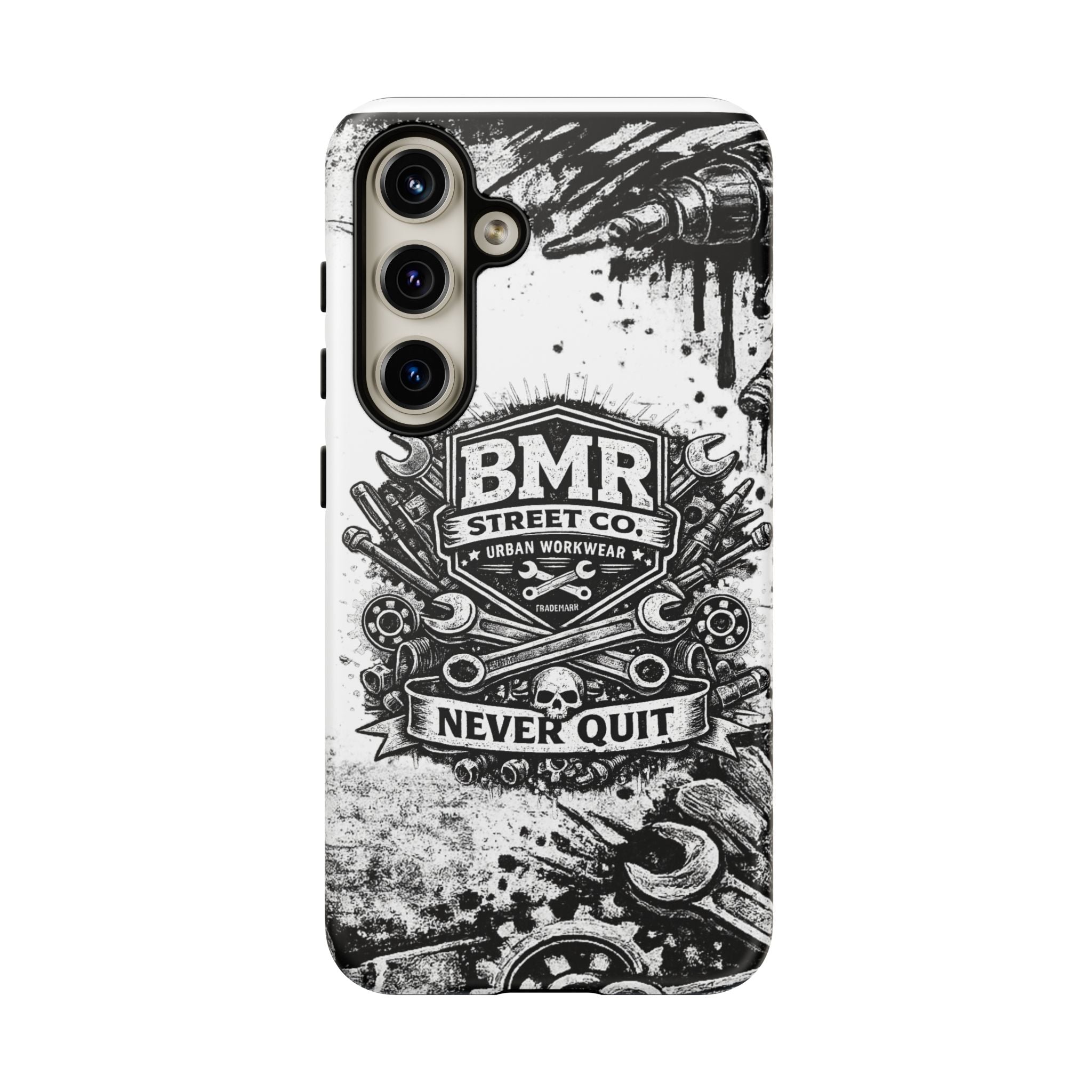 BMR Street Co. 'Never Quit' Tough Phone Case — Industrial Motorcycle Grunge Design