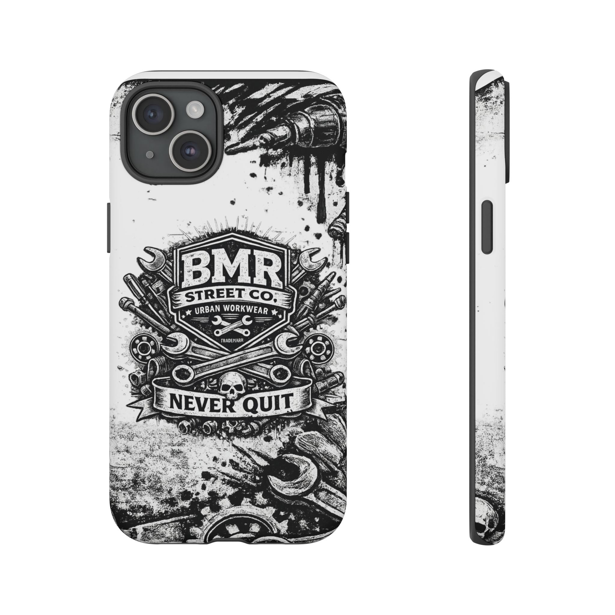 BMR Street Co. 'Never Quit' Tough Phone Case — Industrial Motorcycle Grunge Design