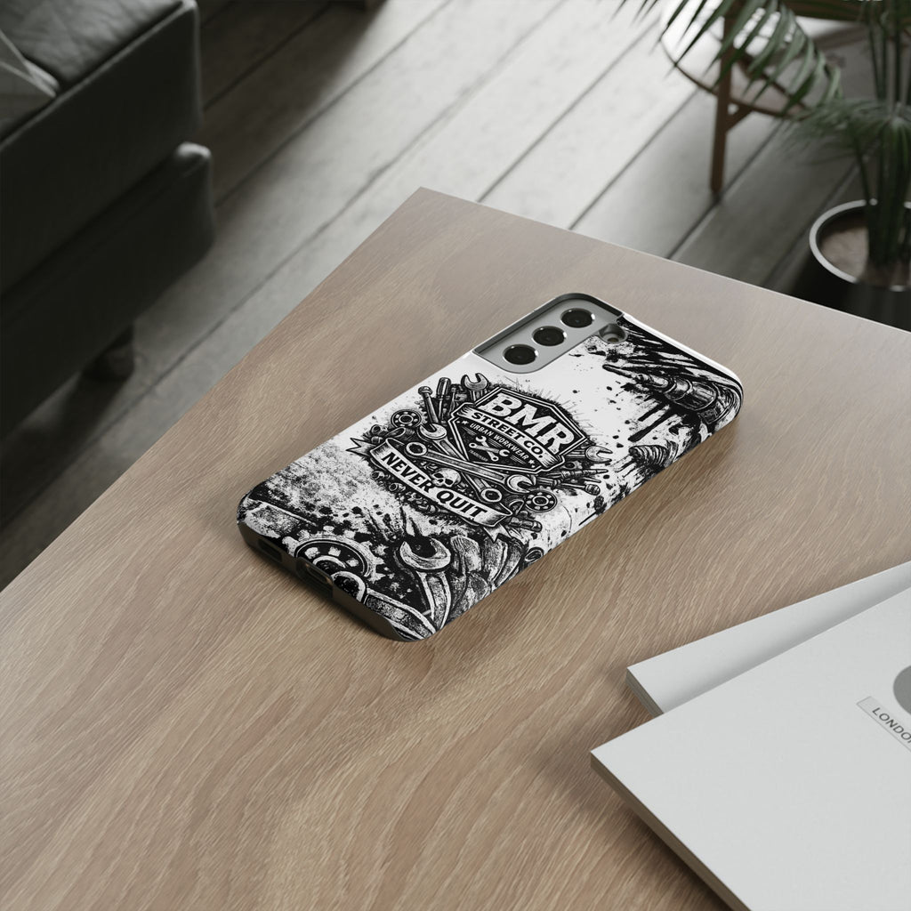 BMR Street Co. 'Never Quit' Tough Phone Case — Industrial Motorcycle Grunge Design