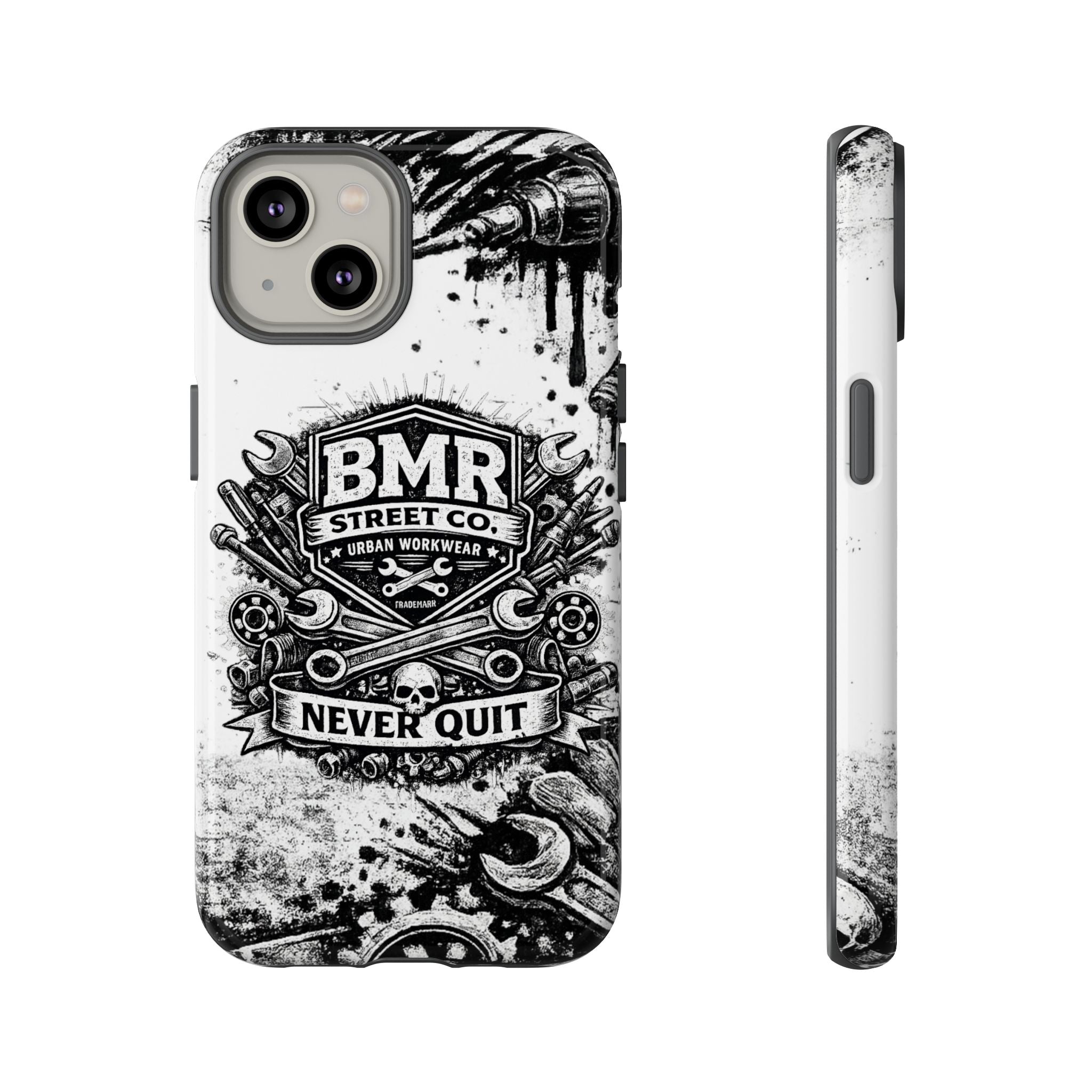 BMR Street Co. 'Never Quit' Tough Phone Case — Industrial Motorcycle Grunge Design