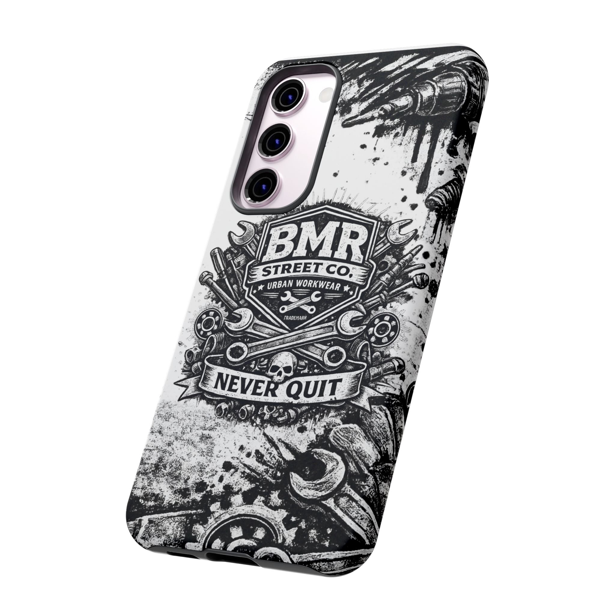 BMR Street Co. 'Never Quit' Tough Phone Case — Industrial Motorcycle Grunge Design