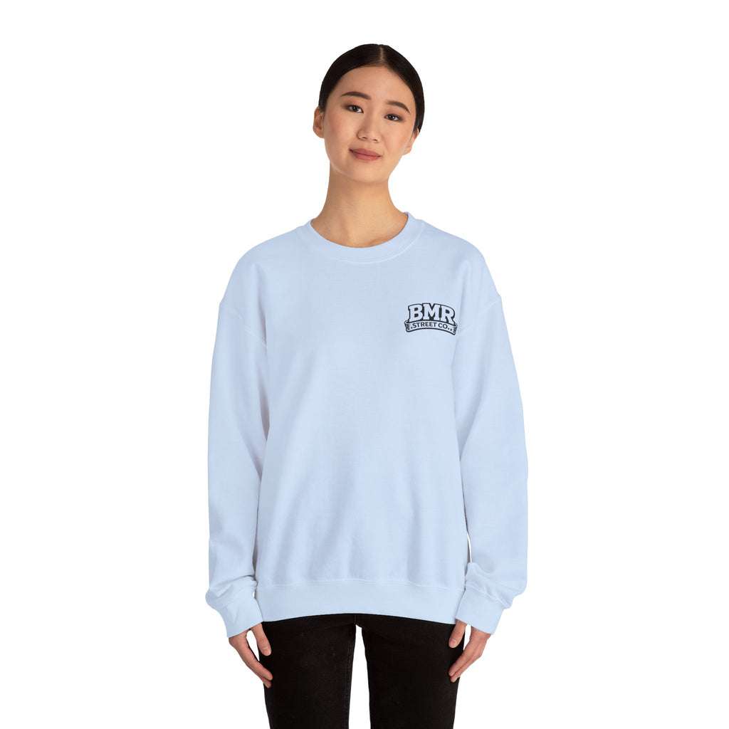 BMR Vintage Crest Crewneck Sweatshirt — White Casual Logo Pullover