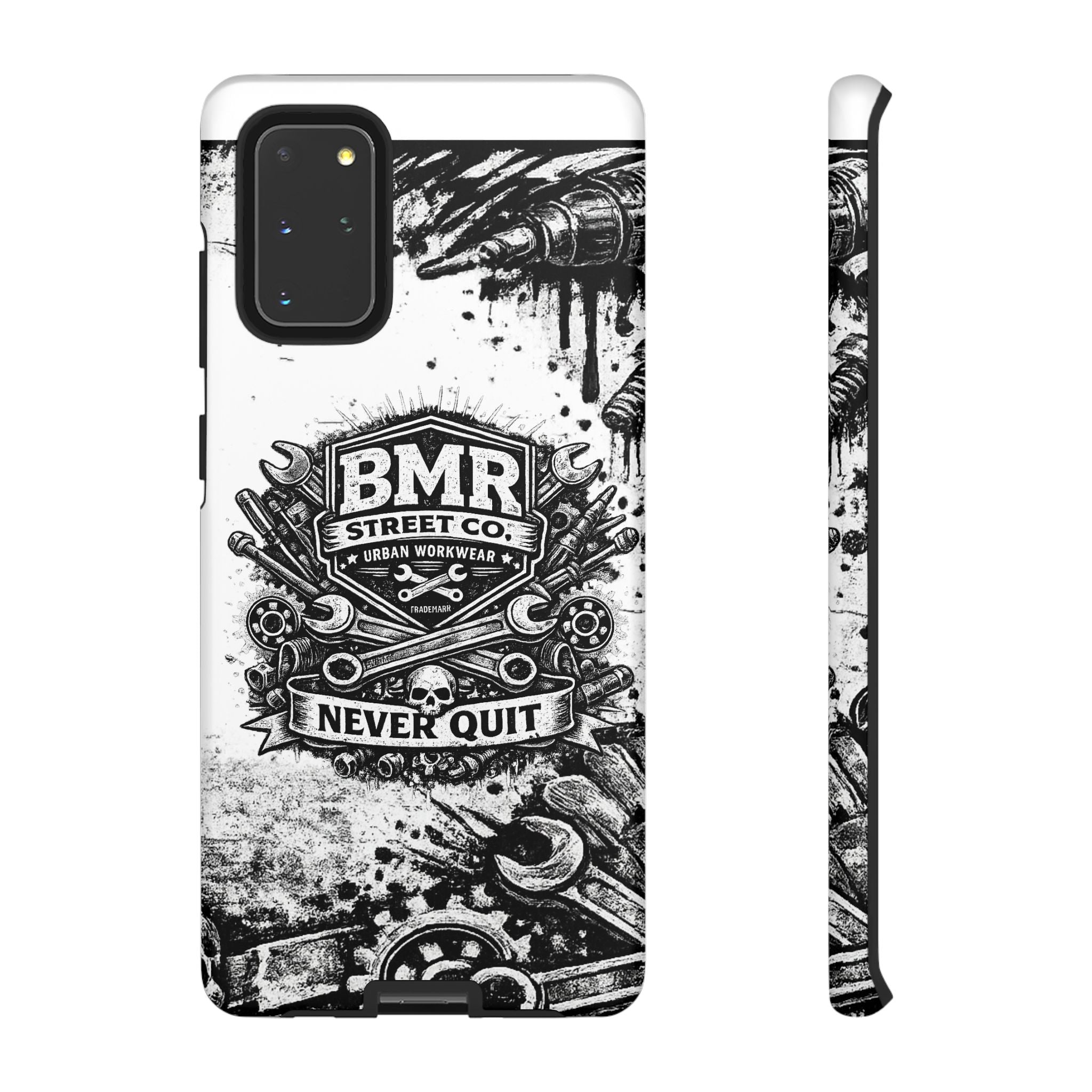 BMR Street Co. 'Never Quit' Tough Phone Case — Industrial Motorcycle Grunge Design