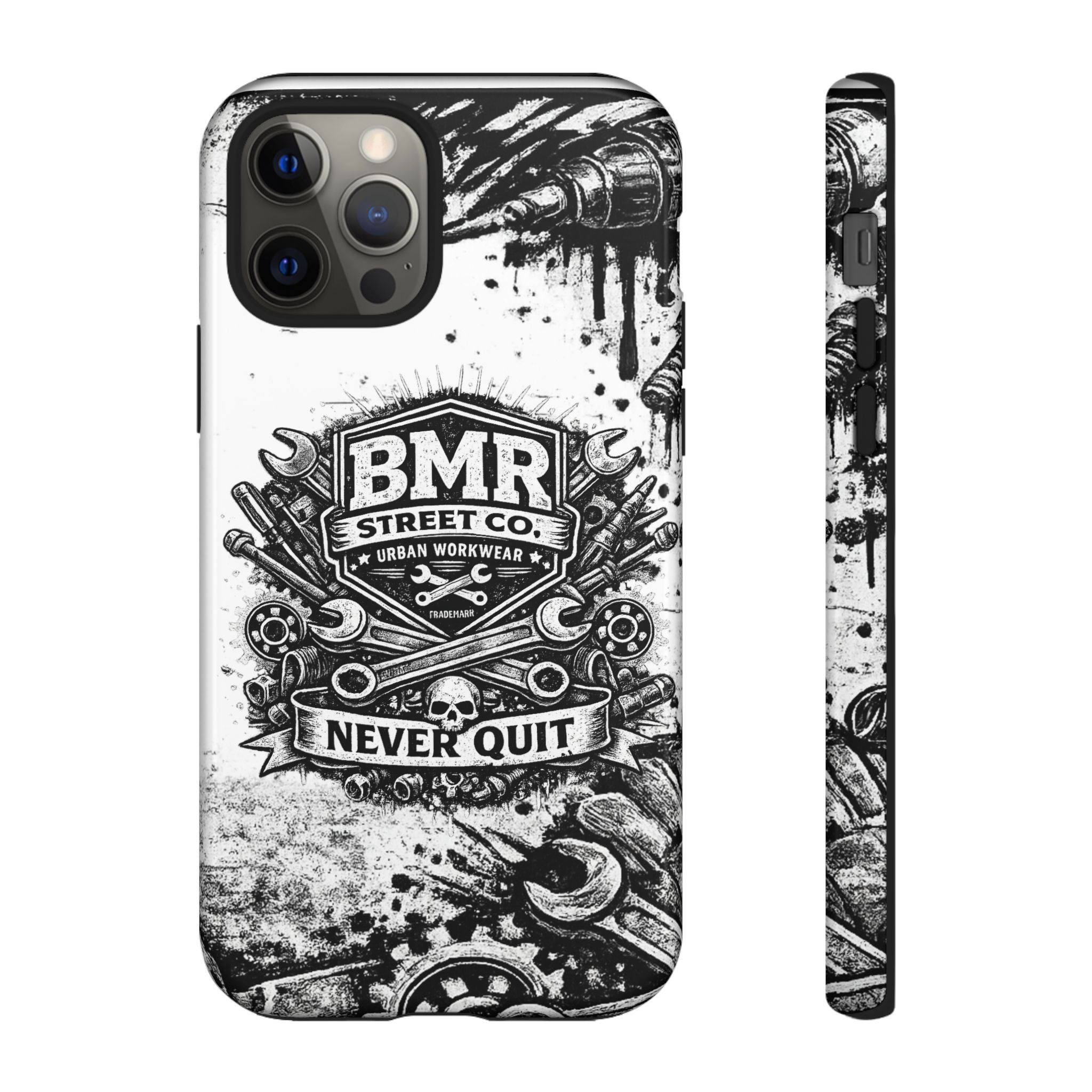 BMR Street Co. 'Never Quit' Tough Phone Case — Industrial Motorcycle Grunge Design