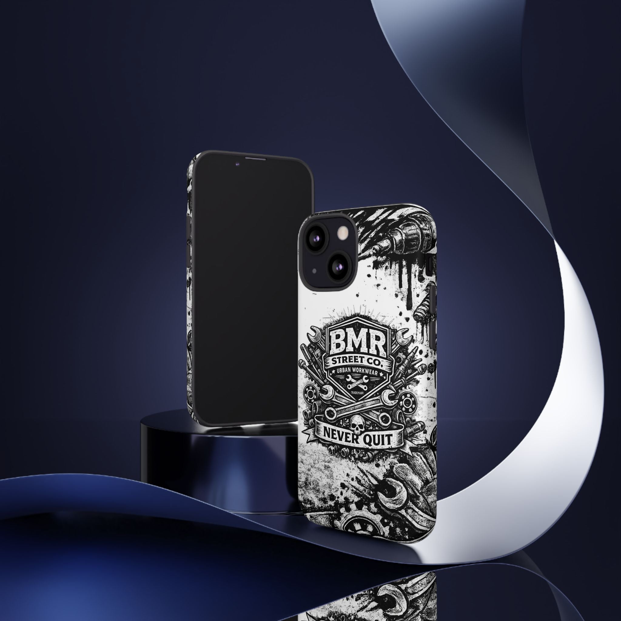 BMR Street Co. 'Never Quit' Tough Phone Case — Industrial Motorcycle Grunge Design