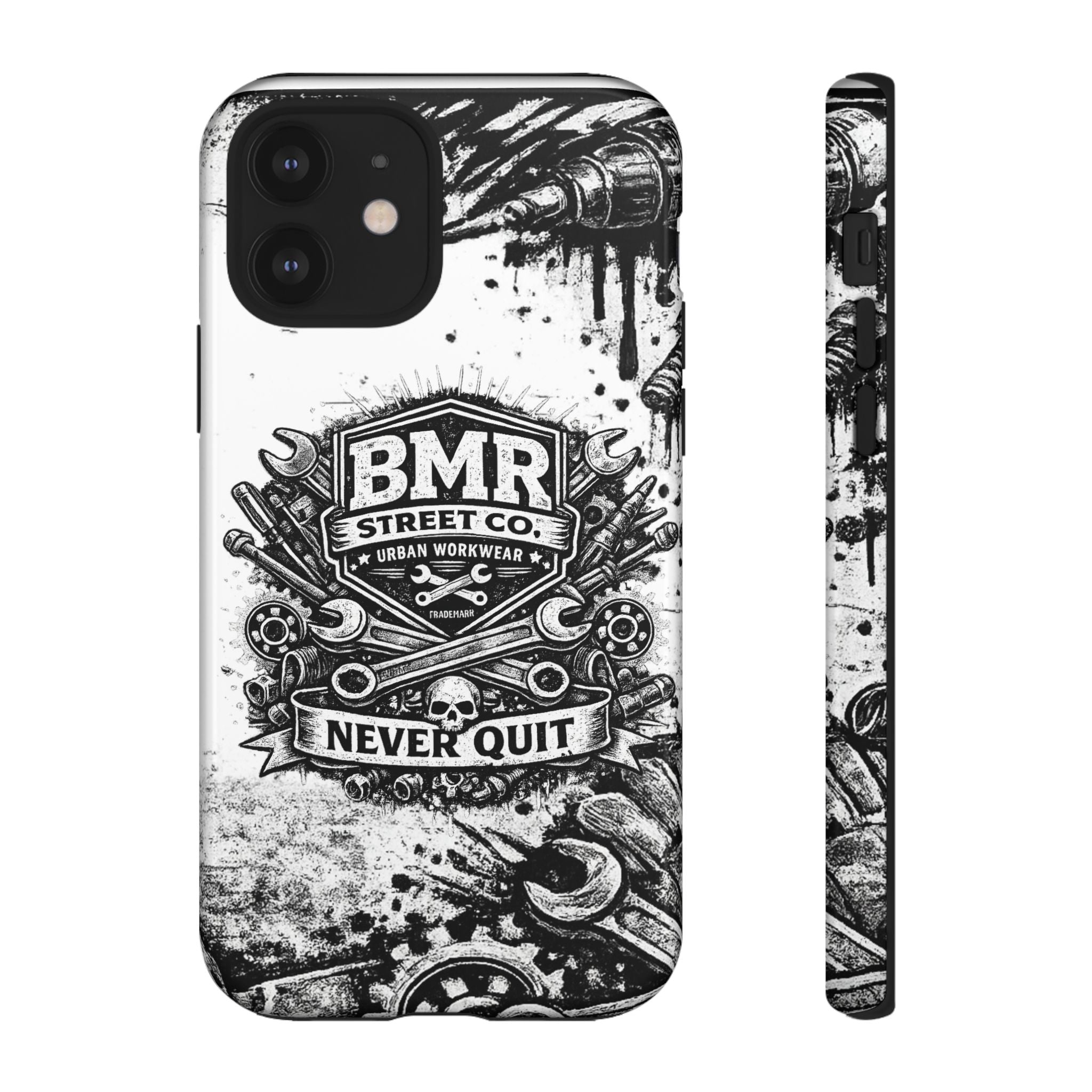 BMR Street Co. 'Never Quit' Tough Phone Case — Industrial Motorcycle Grunge Design