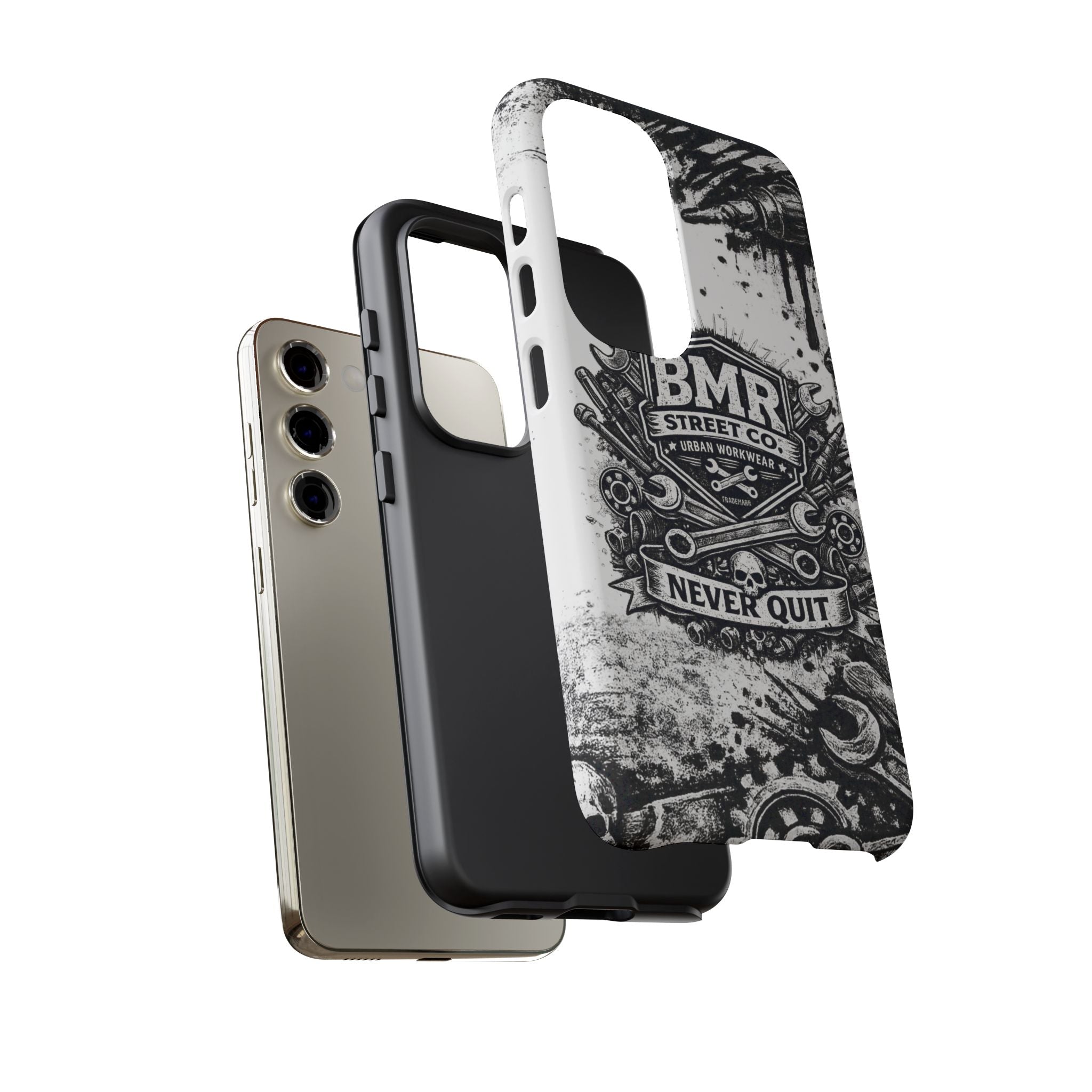 BMR Street Co. 'Never Quit' Tough Phone Case — Industrial Motorcycle Grunge Design