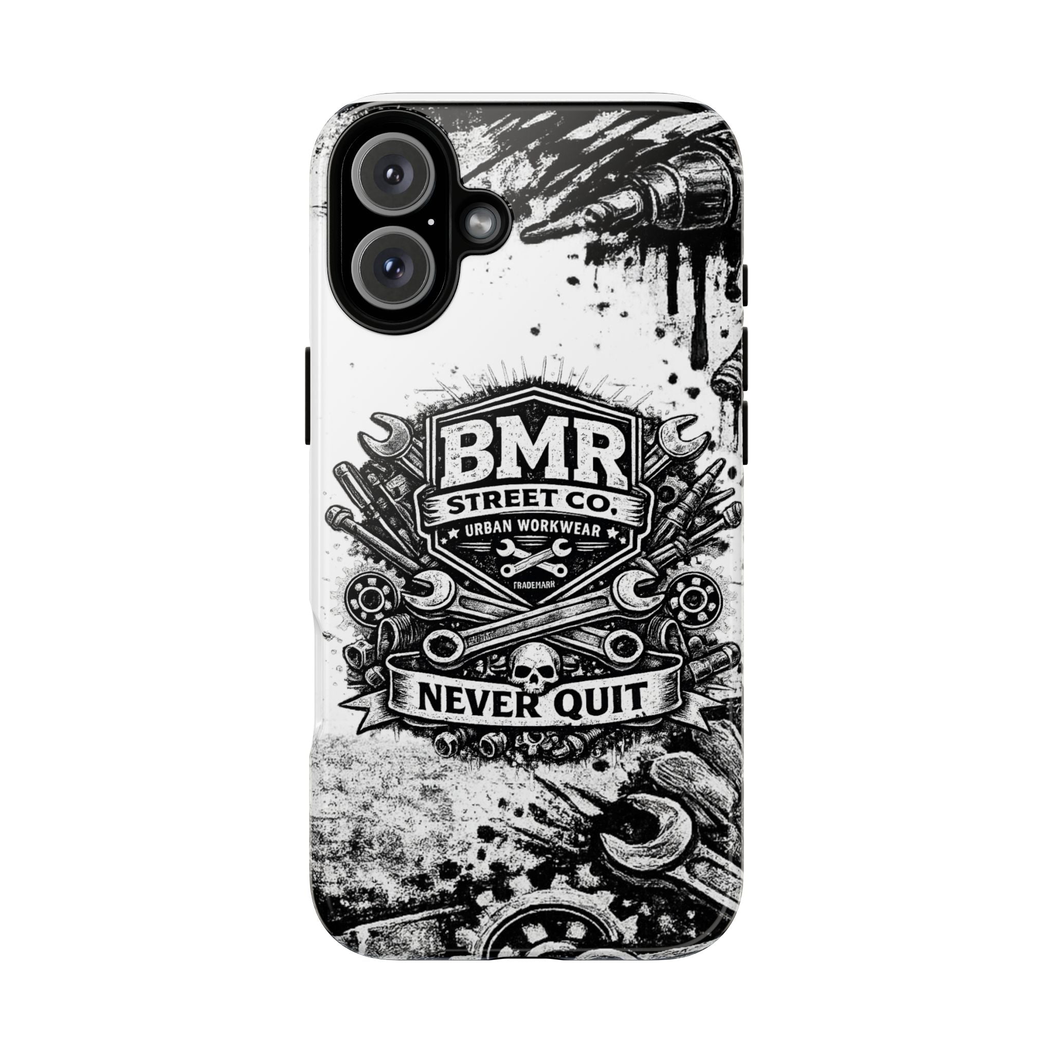 BMR Street Co. 'Never Quit' Tough Phone Case — Industrial Motorcycle Grunge Design