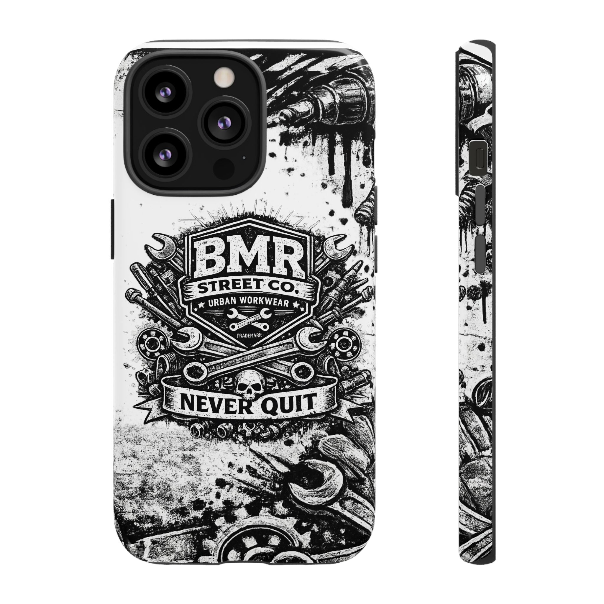 BMR Street Co. 'Never Quit' Tough Phone Case — Industrial Motorcycle Grunge Design