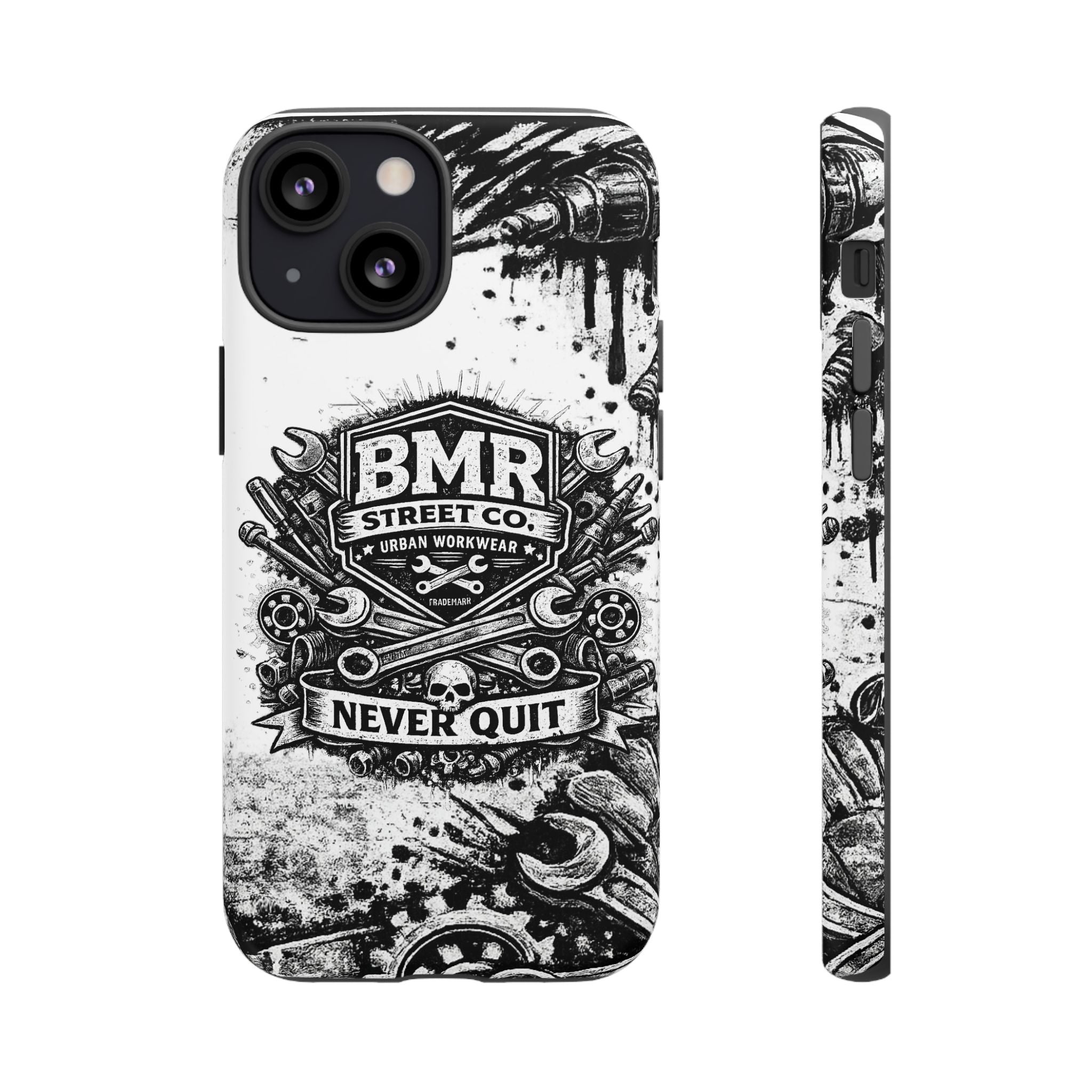 BMR Street Co. 'Never Quit' Tough Phone Case — Industrial Motorcycle Grunge Design