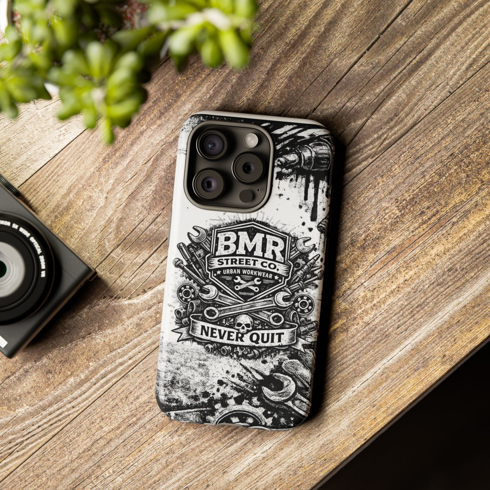 BMR Street Co. 'Never Quit' Tough Phone Case — Industrial Motorcycle Grunge Design