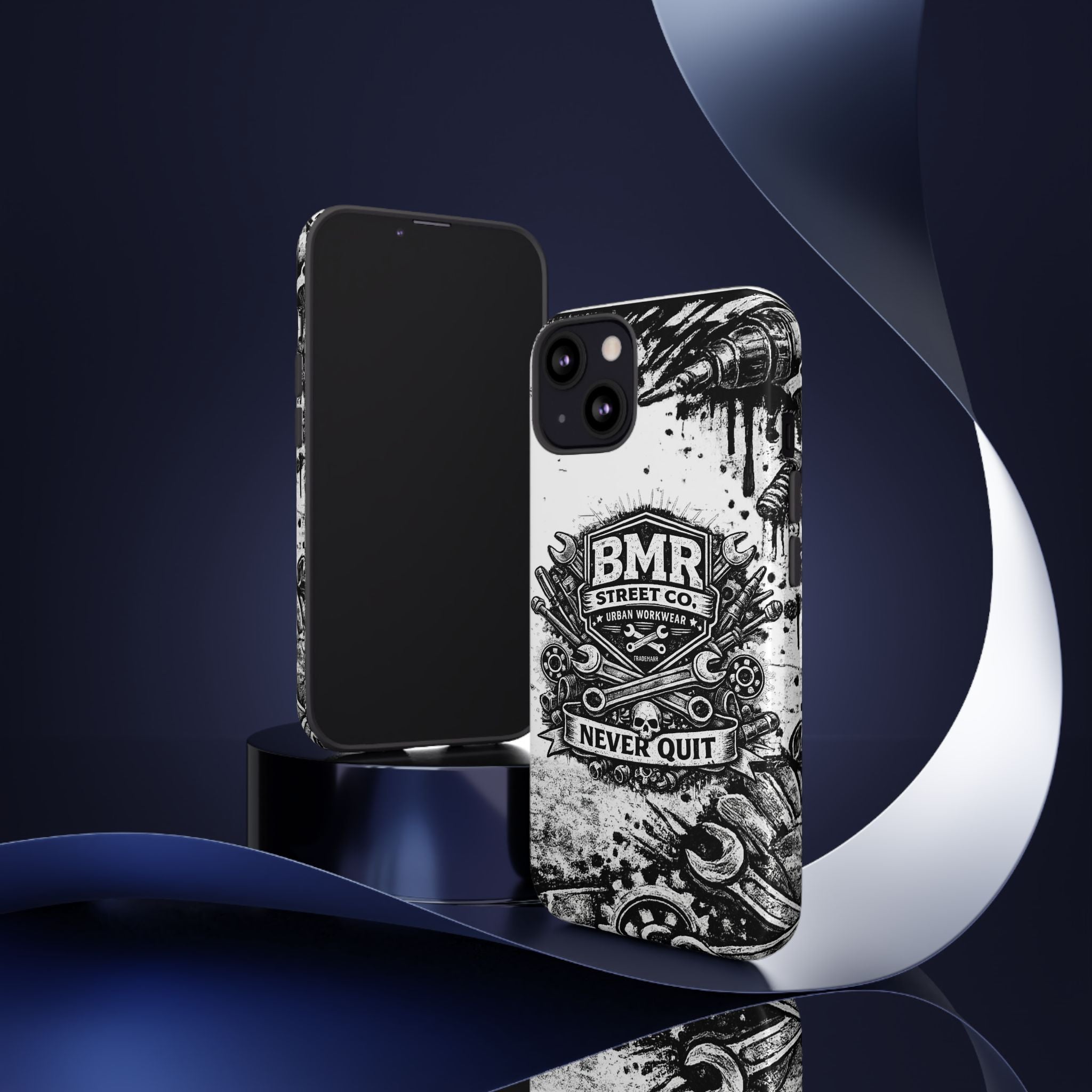 BMR Street Co. 'Never Quit' Tough Phone Case — Industrial Motorcycle Grunge Design
