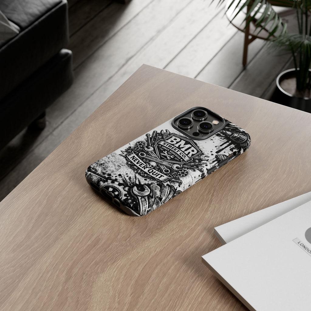 BMR Street Co. 'Never Quit' Tough Phone Case — Industrial Motorcycle Grunge Design