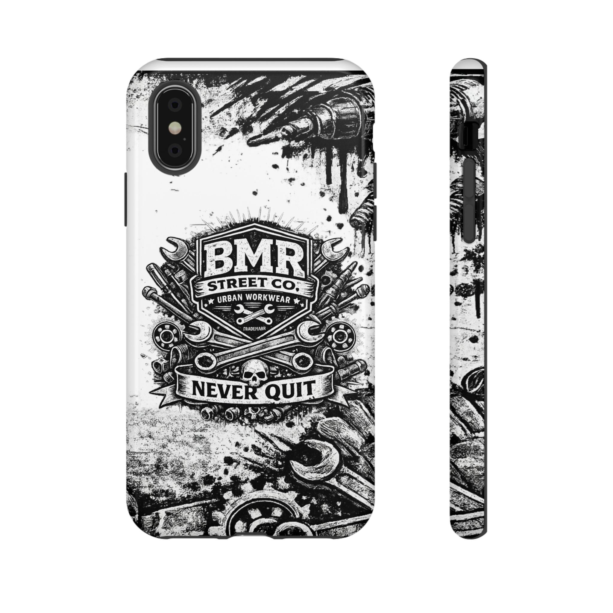 BMR Street Co. 'Never Quit' Tough Phone Case — Industrial Motorcycle Grunge Design