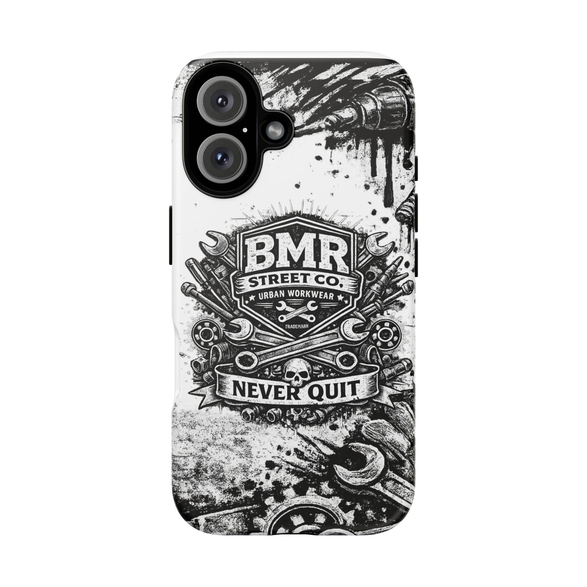 BMR Street Co. 'Never Quit' Tough Phone Case — Industrial Motorcycle Grunge Design