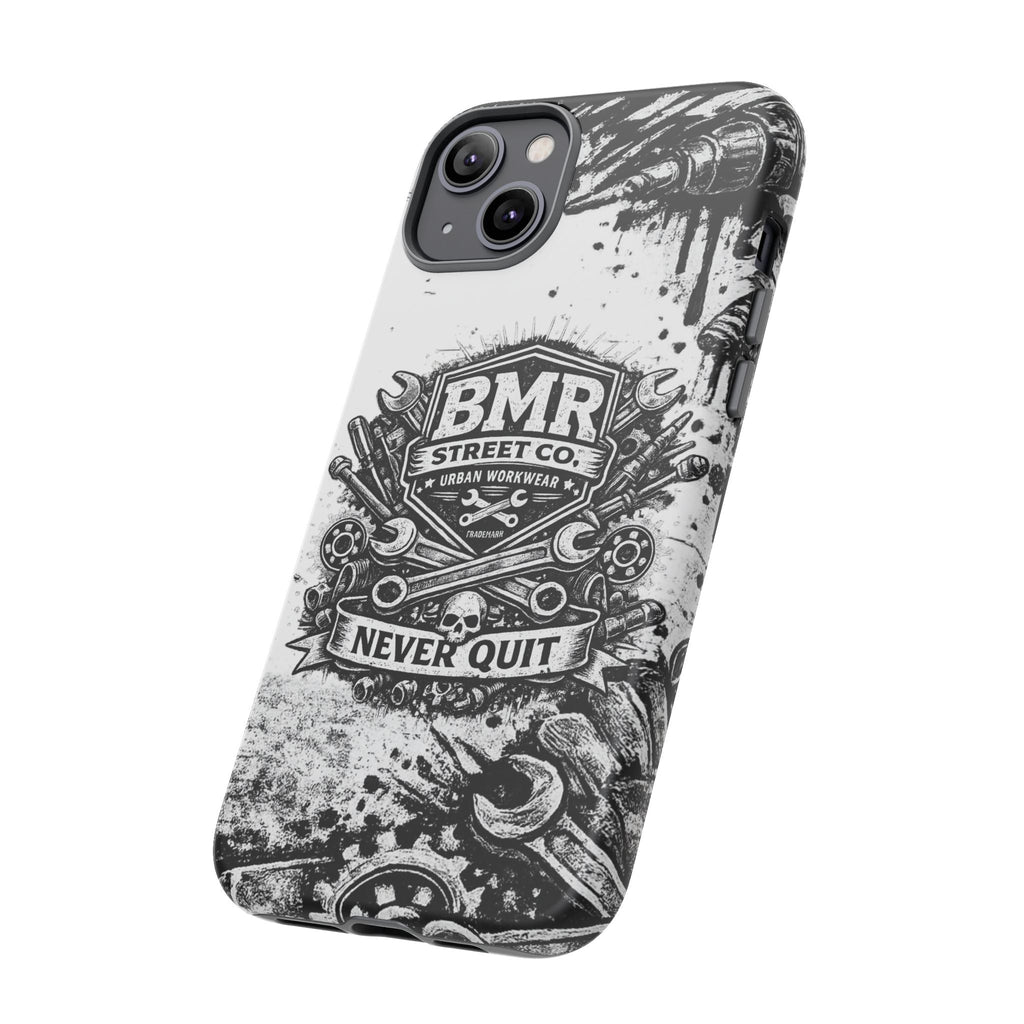 BMR Street Co. 'Never Quit' Tough Phone Case — Industrial Motorcycle Grunge Design