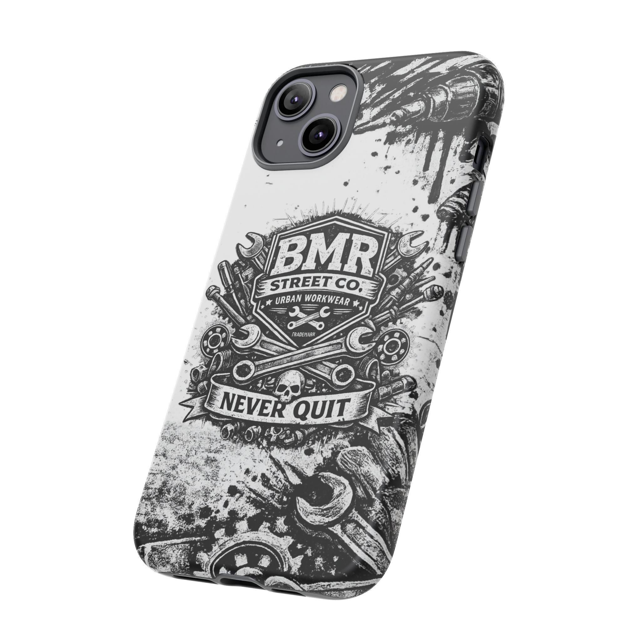 BMR Street Co. 'Never Quit' Tough Phone Case — Industrial Motorcycle Grunge Design