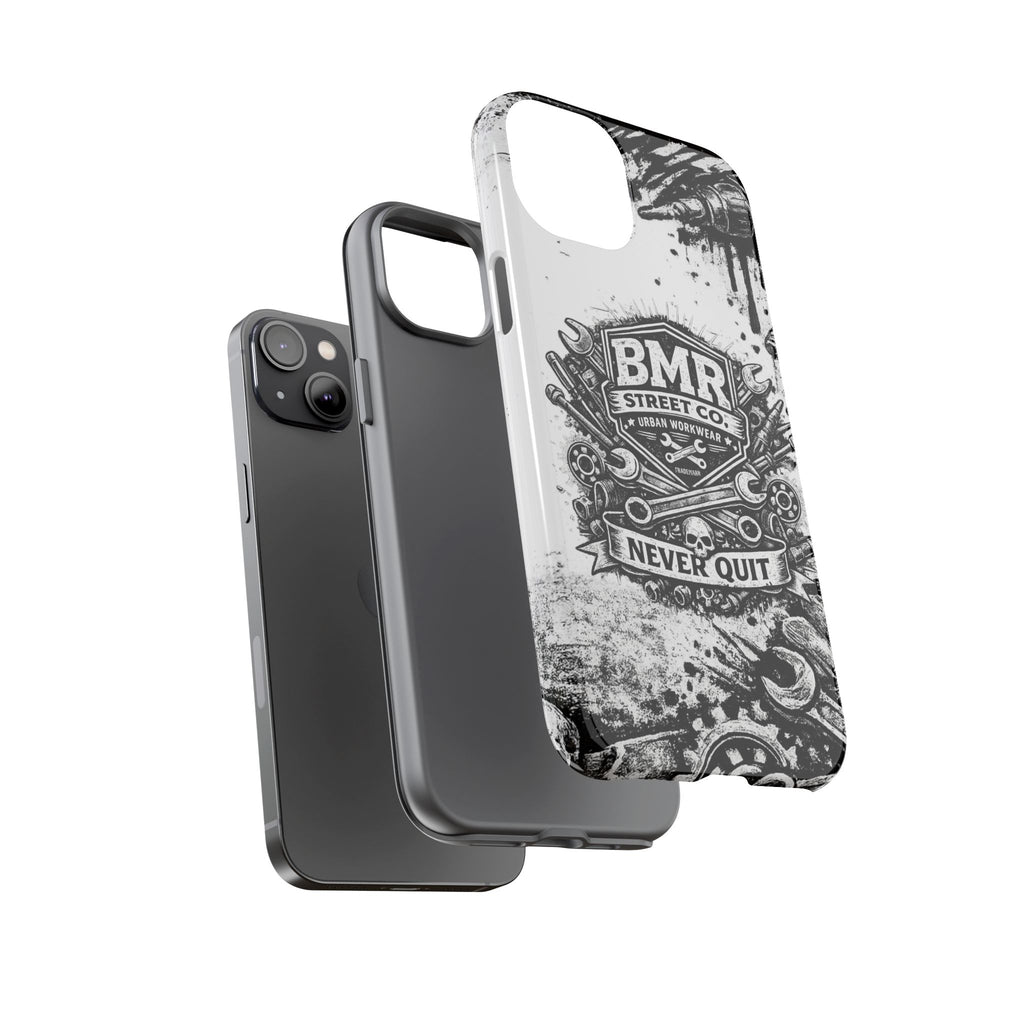 BMR Street Co. 'Never Quit' Tough Phone Case — Industrial Motorcycle Grunge Design