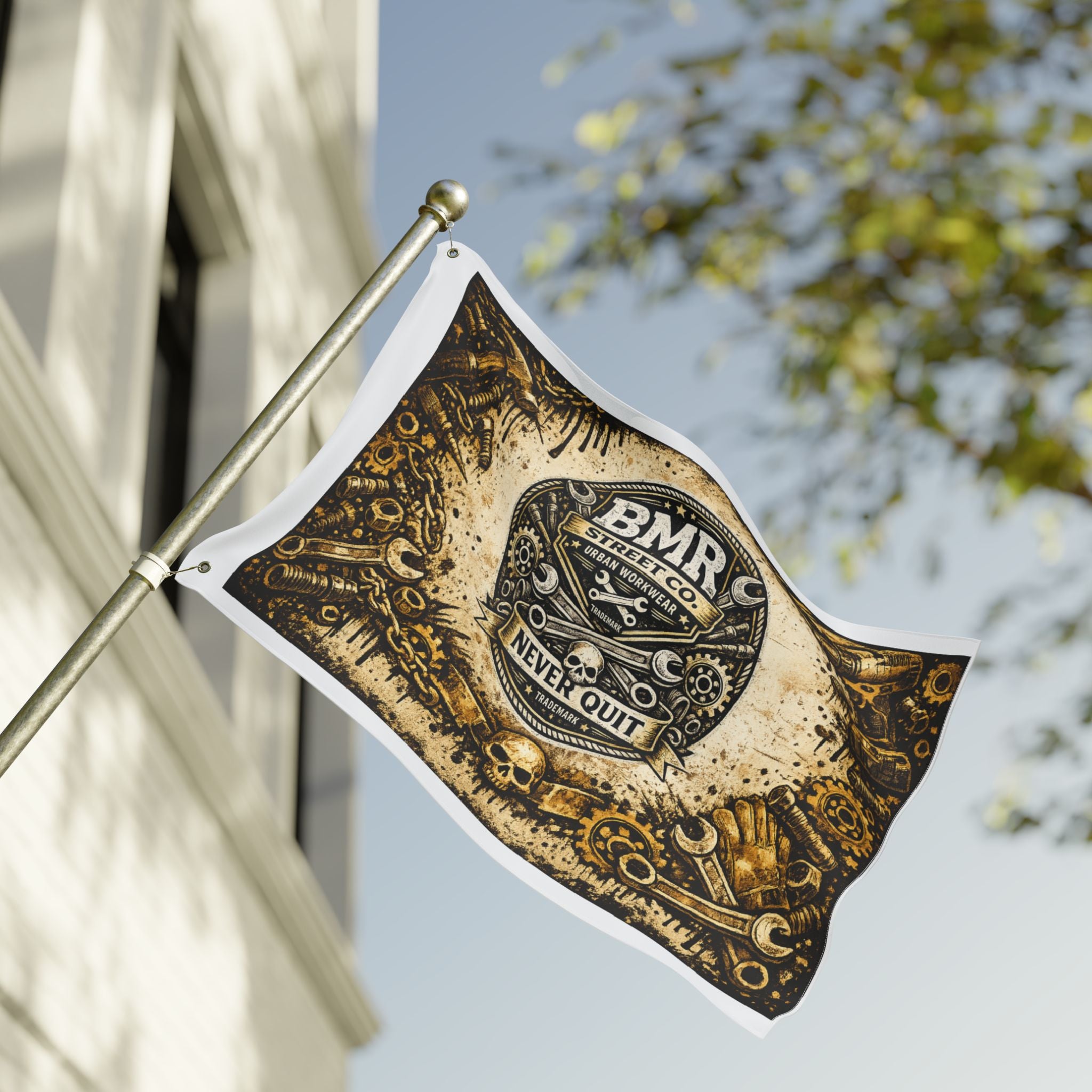 BMR Street Co. Vintage Motorcycle Skull Flag — Double-Sided Garage Banner