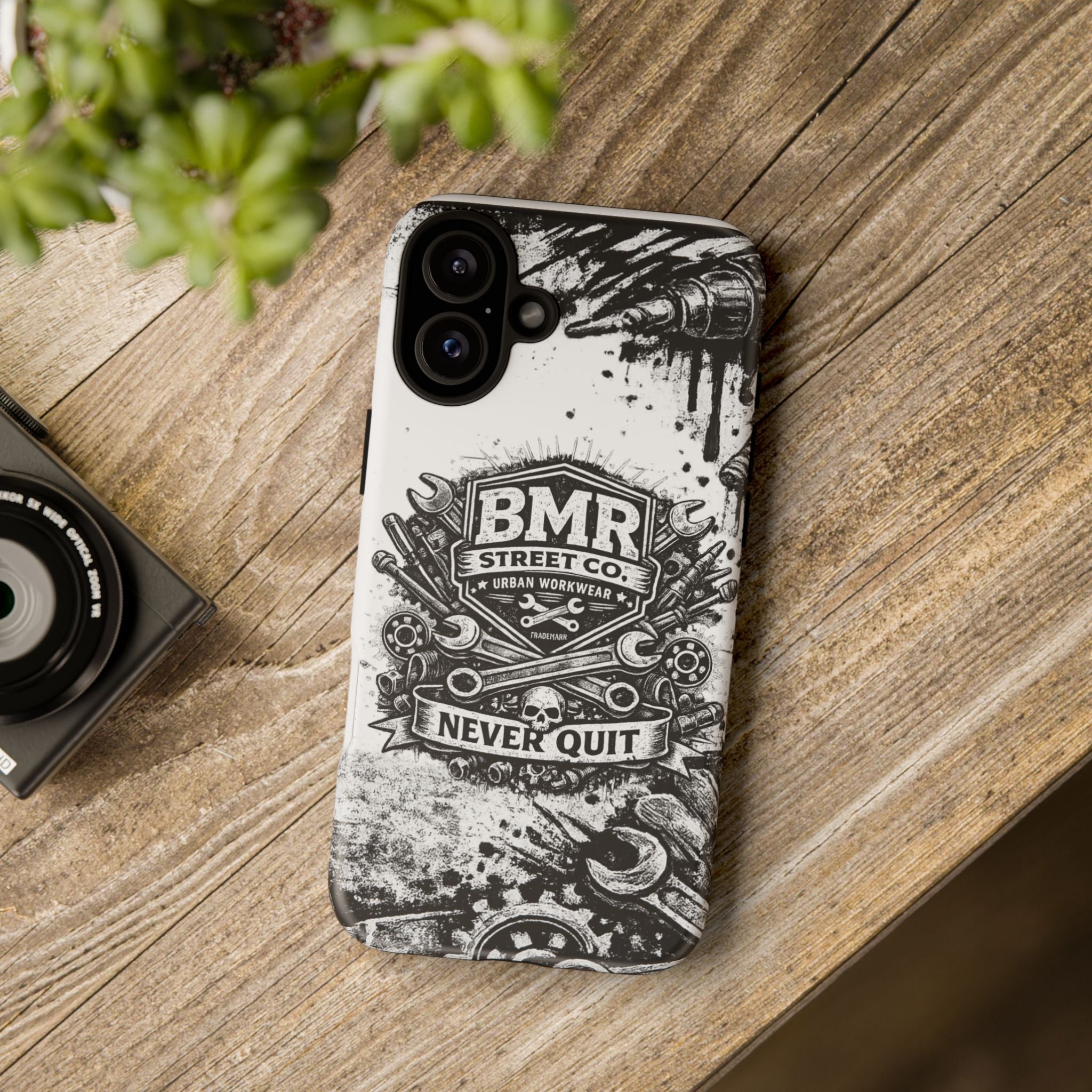 BMR Street Co. 'Never Quit' Tough Phone Case — Industrial Motorcycle Grunge Design