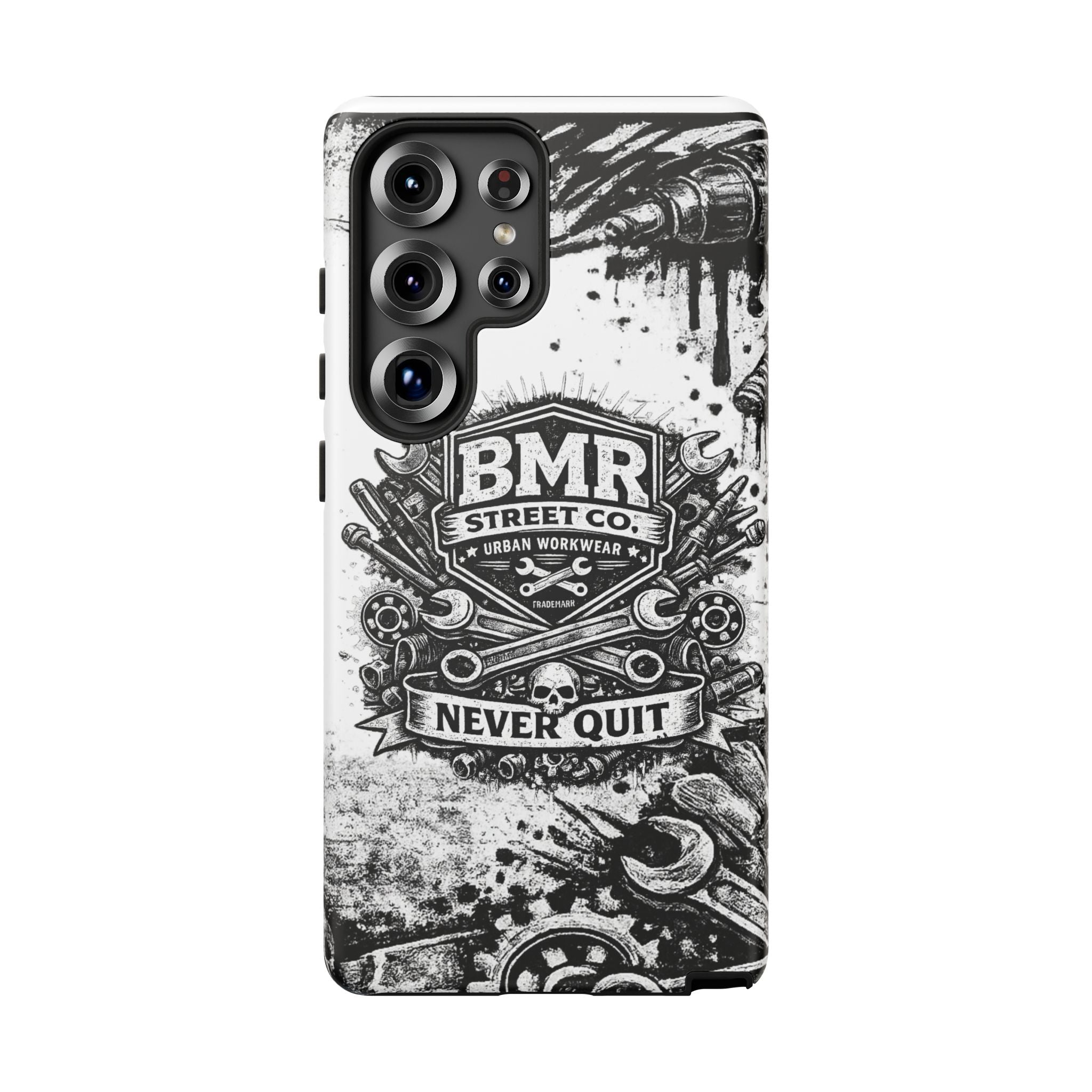 BMR Street Co. 'Never Quit' Tough Phone Case — Industrial Motorcycle Grunge Design