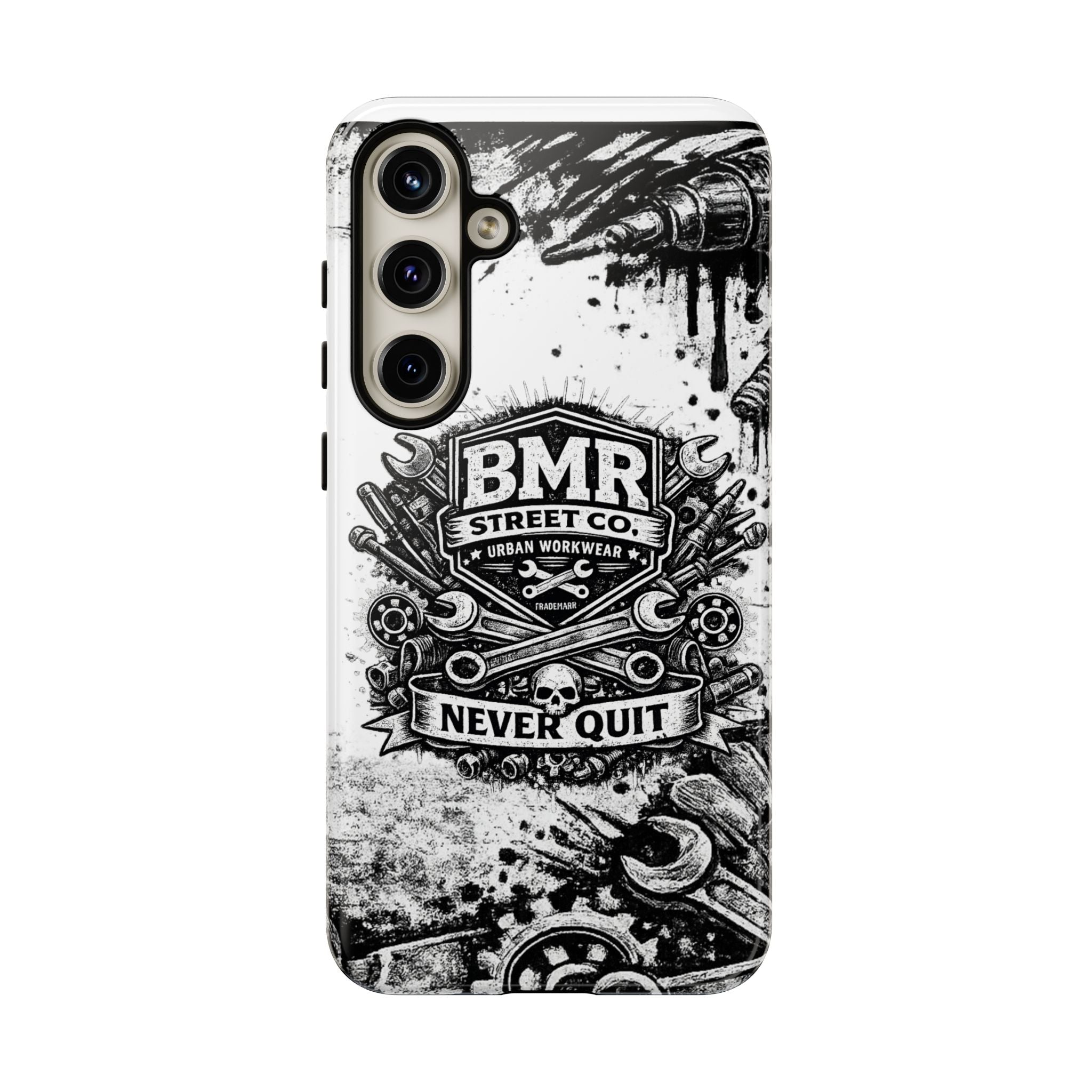 BMR Street Co. 'Never Quit' Tough Phone Case — Industrial Motorcycle Grunge Design