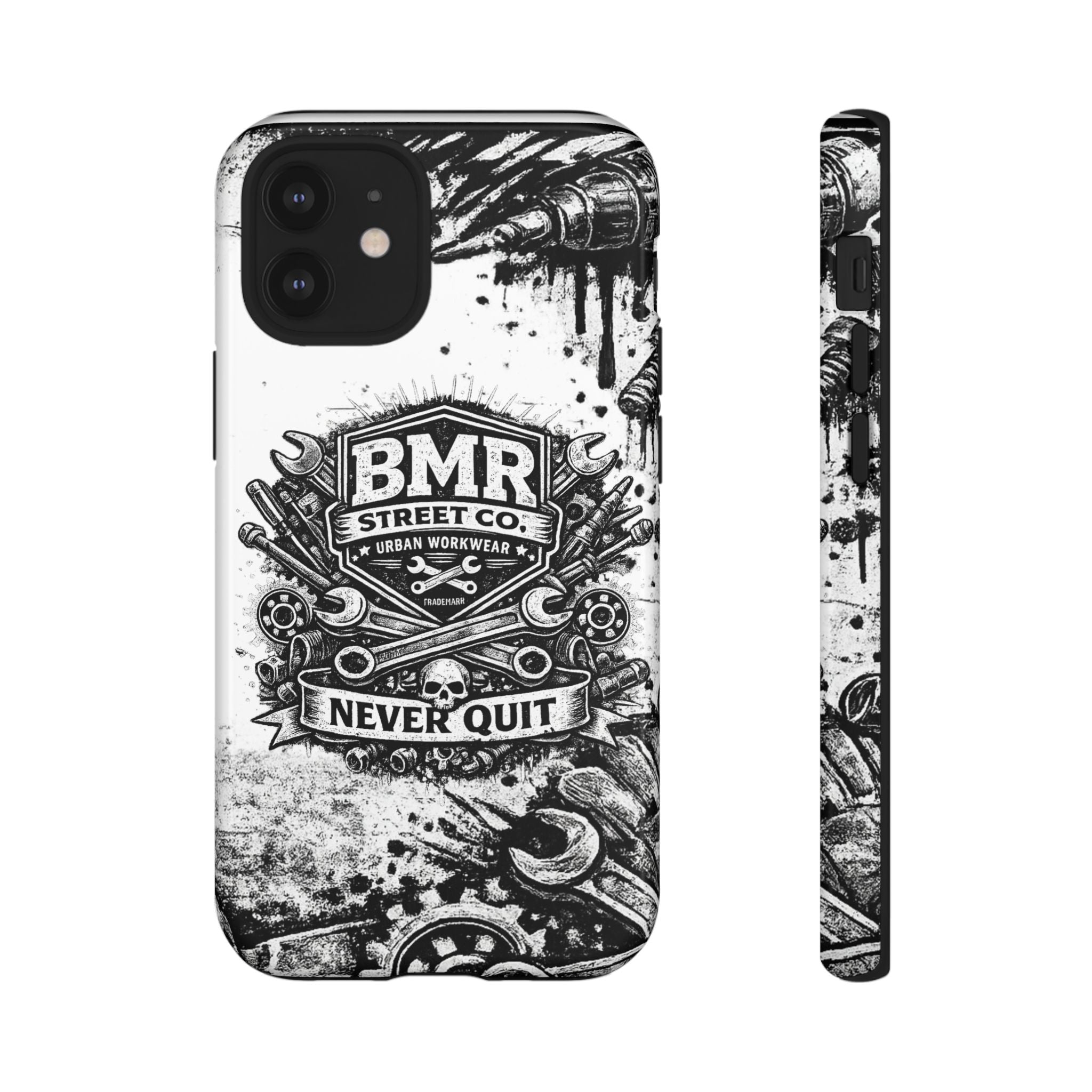 BMR Street Co. 'Never Quit' Tough Phone Case — Industrial Motorcycle Grunge Design