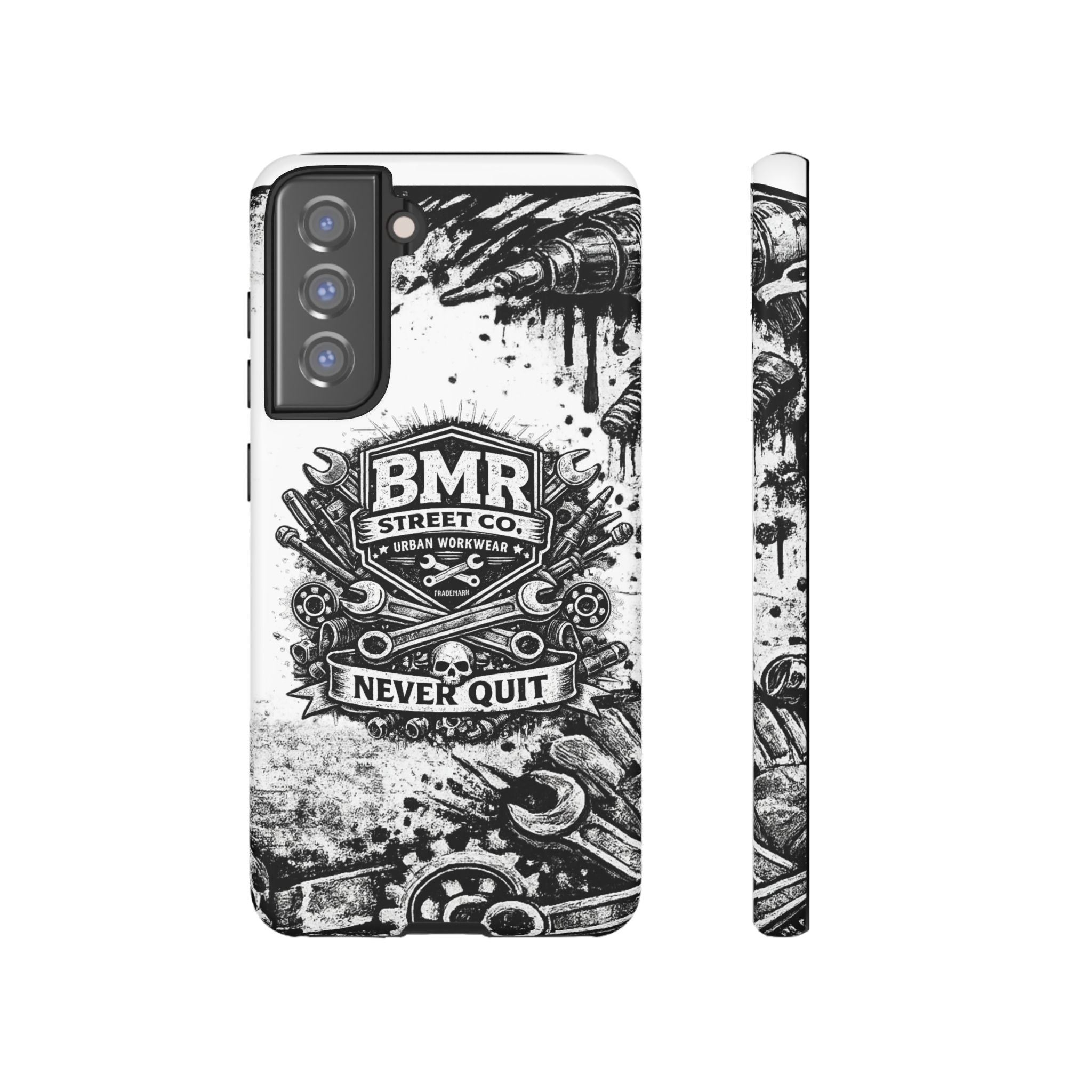 BMR Street Co. 'Never Quit' Tough Phone Case — Industrial Motorcycle Grunge Design